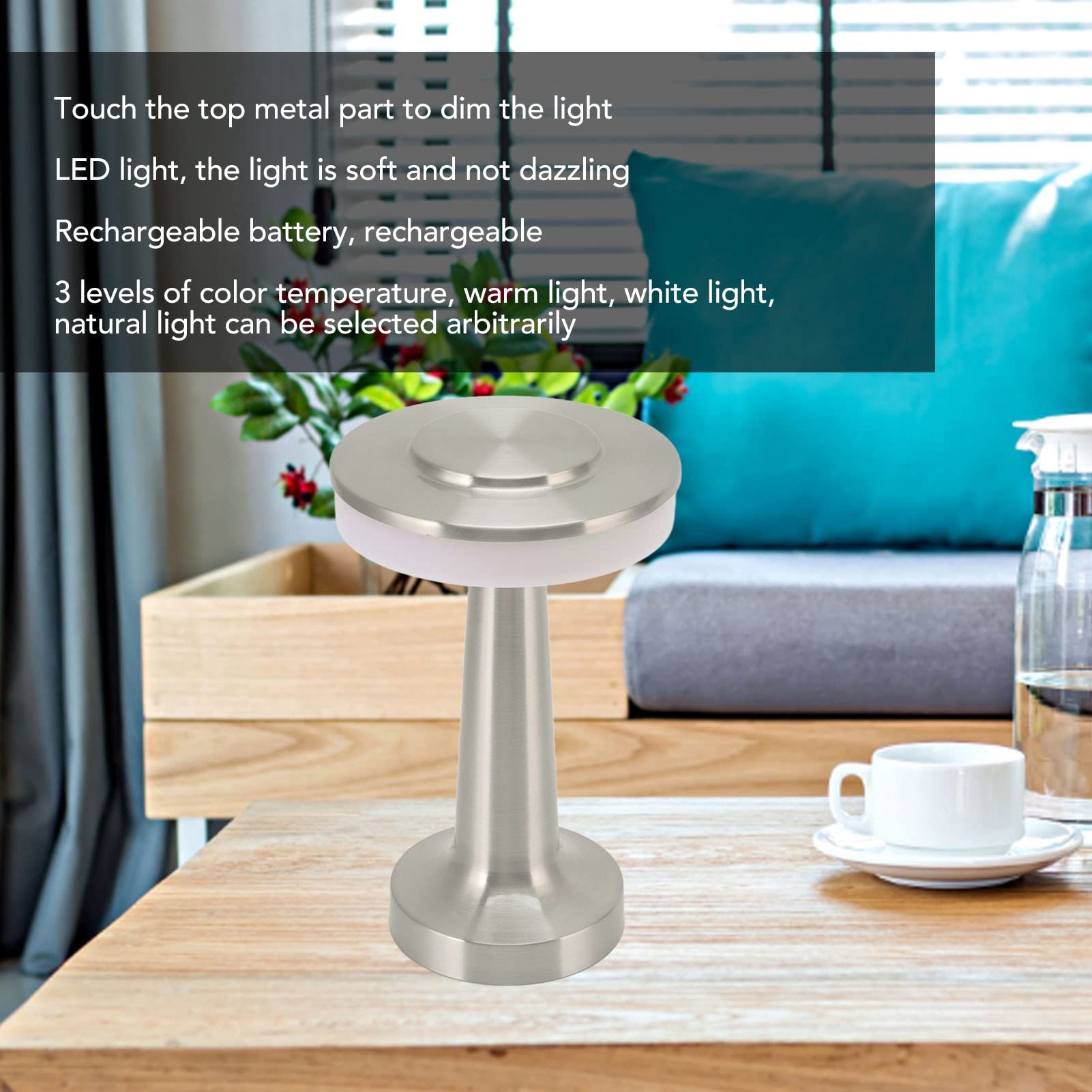 Oukens Portable Led Table Lamp,Retro Touch Lamps, Control 3 Levels Color Temperature Rechargeable Table Night Lamp, Nightstand Lamp Bedside Lamp For Hotel (Silvery)