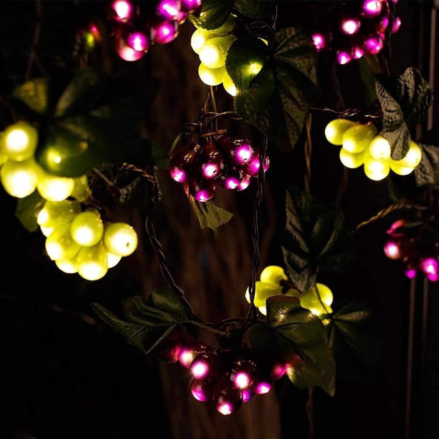 Amzstar Solar Grape String Light Outdoor Waterproof 80Led Grape Vine Hanging Lighting Simulation Fruit Decoration Small Tavern Garden Sunshade Umbrella Wedding Party Light (Purple+Green)