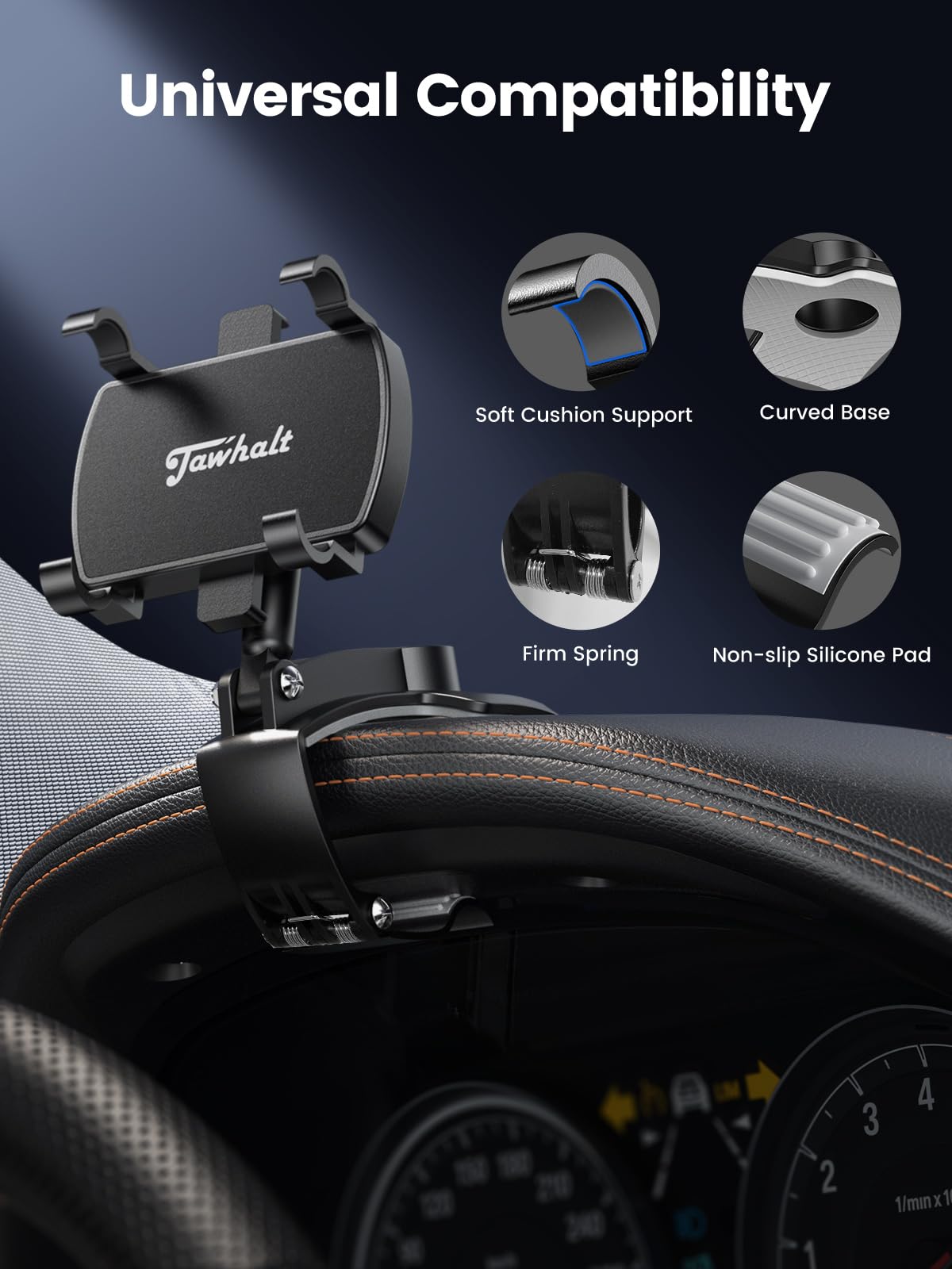 Jawhalt Car Phone Holder For Dashboard Cell Phone Mount For Car 360 Degree Rotation Clip Design Compatible With All Cell Smart Phones.