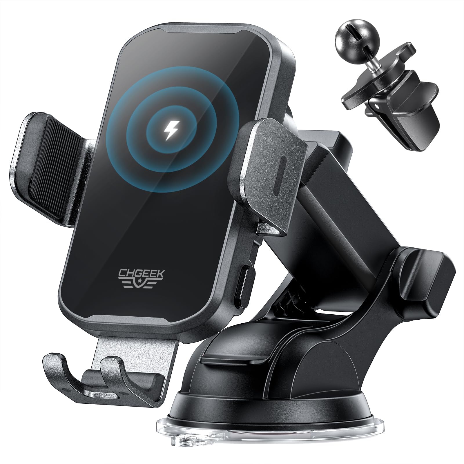 Chgeek Wireless Car Charger Phone Holder Mount, 15W Fast Charging Auto Clamping Phone Holders For Your Car Dashboard Windshield Air Vent Car Accessories For Iphone, Samsung Galaxy, Google Pixel Etc
