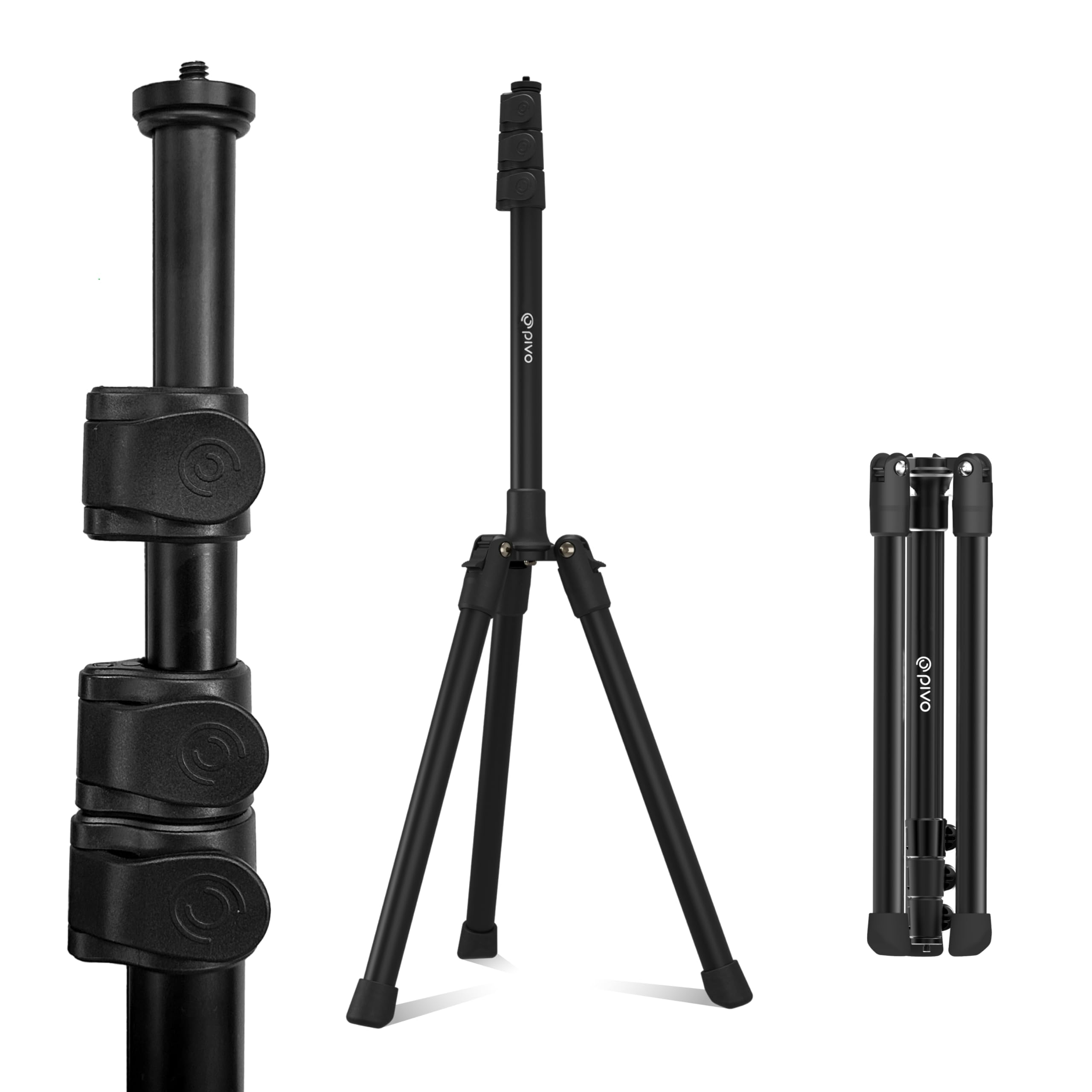 Pivo 63" Extendable Cell Phone & Camera Tripod With Sturdy, Lightweight, Portable, Foldable Stand For Video Recording With Universal 1/4"" Thread For Dslr, Smartphone, Action Camera & Pods