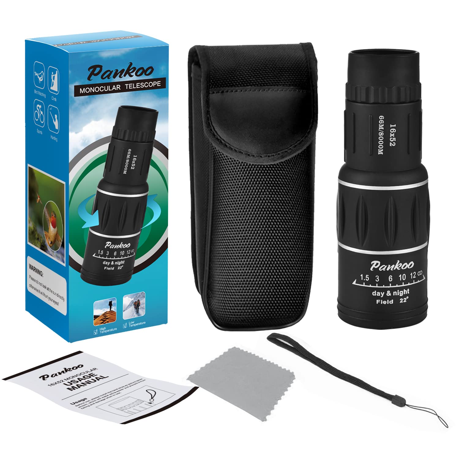 Pankoomonocular 16X52 Hd Monocular For Adults-Fmc Compact Monocular Handheld Monocular Telescope For Birds Watching, Wildlife, Concert,Focus Scope With Wrist Strap,  For Father