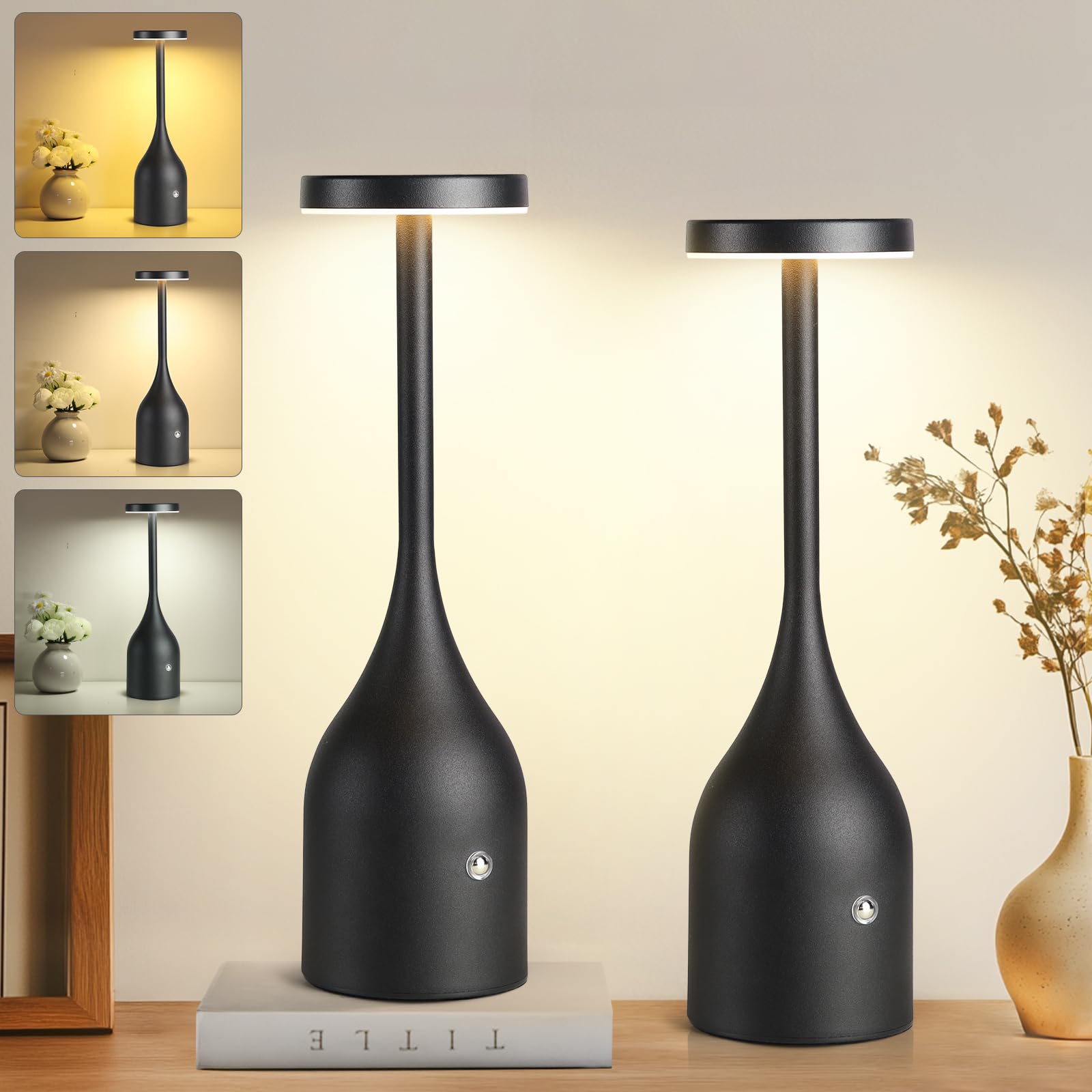 Czgor Cordless Table Lamp Rechargeable Set Of 2 5000Mah Battery Operated Led Table Light, 3-Color Stepless Dimming Portable Table Light Waterproof For Cafe/Dining Room/Terrace(Black)