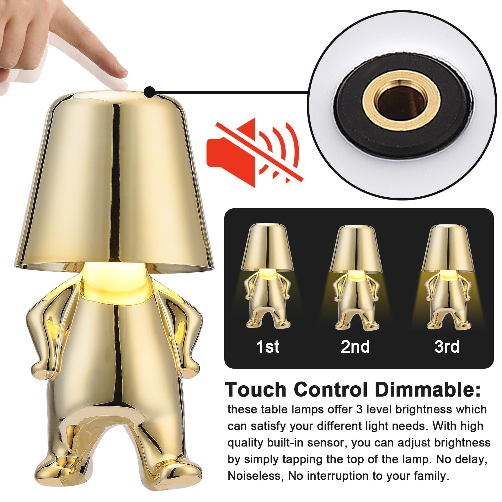 Pergar Bedside Touch Control Table Lamp Collection, Gold Decor Thinker Statue Led Table Lamp With Usb Port, 3 Way Dimmable Modern Night Light Nightstand Lamp For Home Office(#1)