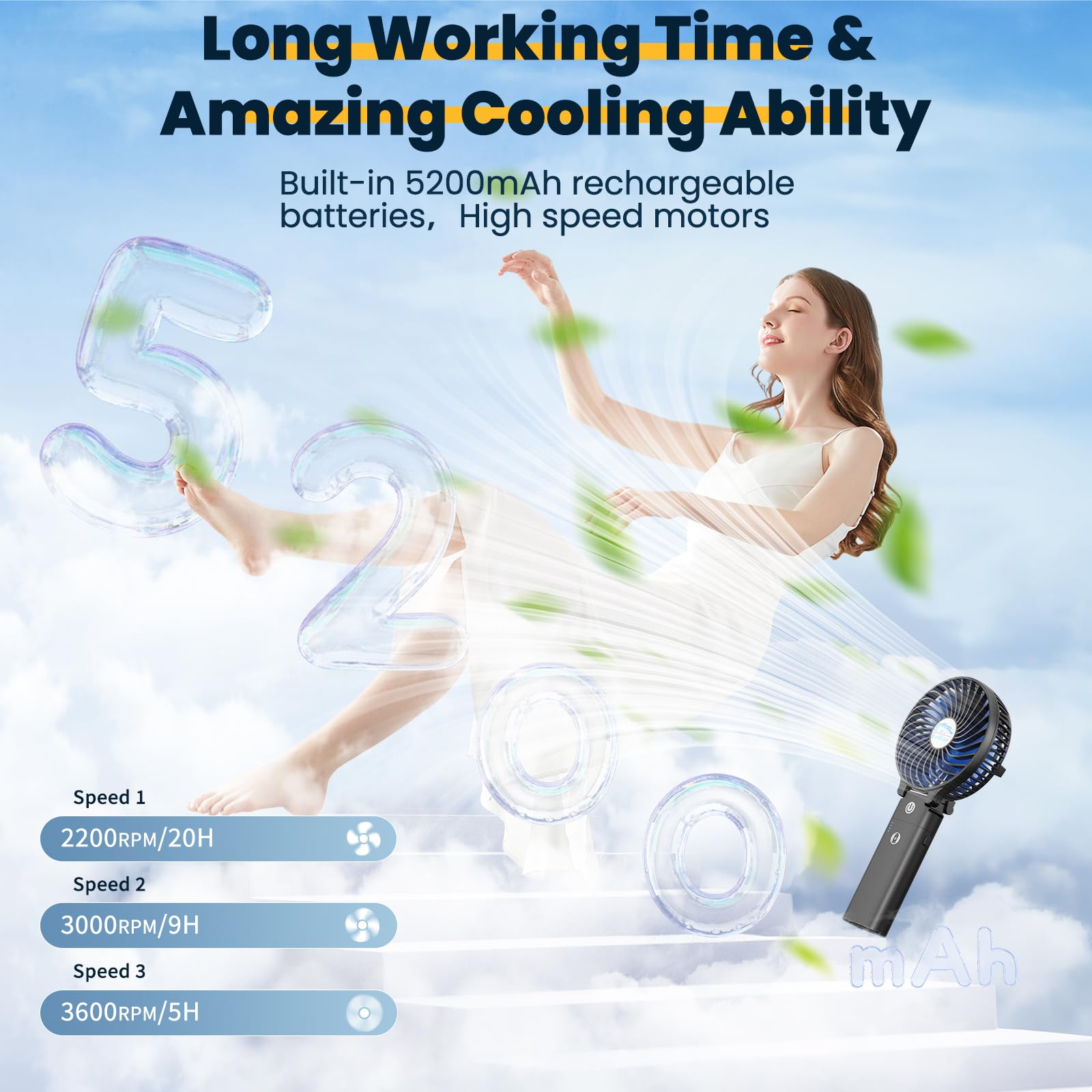 Handfan Portable Fan Handheld With Power Bank, 2 In 1 Hand Held Fan, 5200Mah Rechargeable