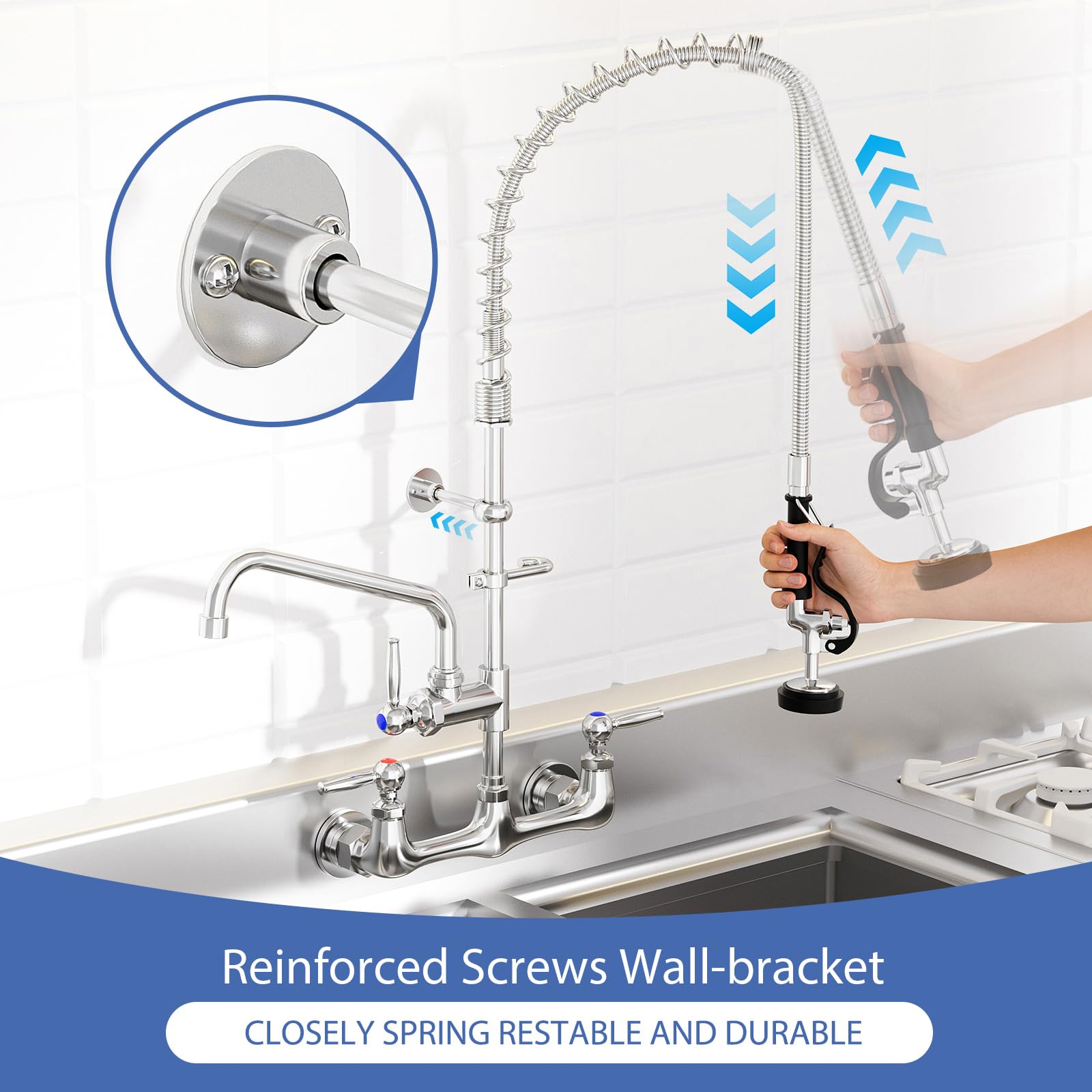 Nymeliu Commercial Sink Faucet With Sprayer 36" Height Commercial Kitchen Faucet Wall Mount With 12" Add-On Spout, Stainless Steel Hose Pre-Rinse Sprayer For Restaurant