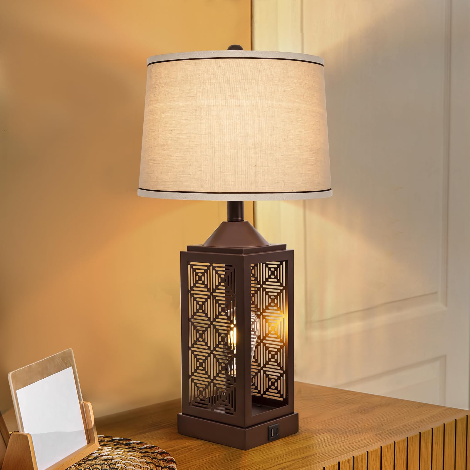 Roravilila Brown Bedroom Lamps With Dual Usb Ports Set Of 2, Farmhouse Living Room Table Lamps With Up&Down Lights For Bedside Night Stand, 25” Oil Rubbed Bronze