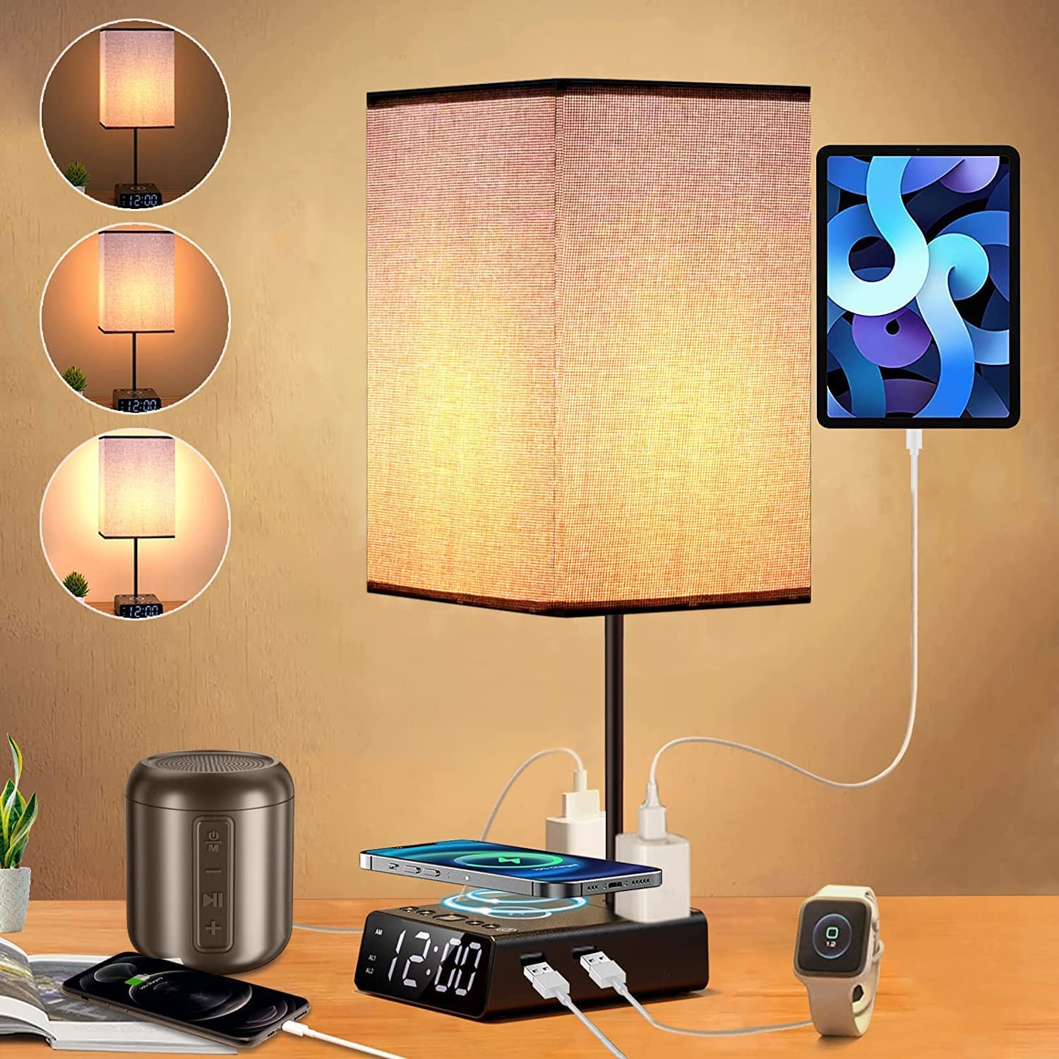 Mindore Bedside Lamp With Usb Ports & Ac Outlets, 15W Wireless Charger Table Lamp With Clock, 3 Way Dimmable Nightstand Lamps For Bedroom Living Room,Touch Lamp With Charging Station,Grey Shade & Black Base