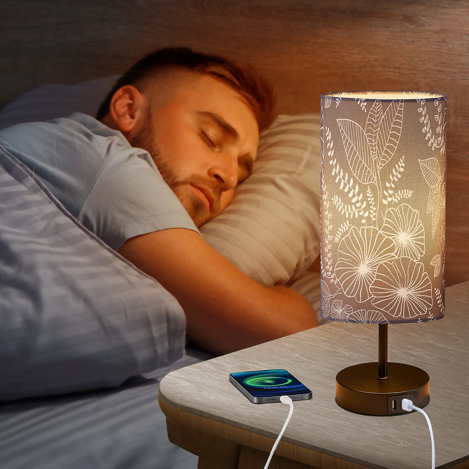 Lolikit Bedside Table Lamp With 2 Usb Ports, Modern Touch Control Desk Lamp With Round Flower Flaxen Fabric Shade, 3 Way Dimmable Small Nightstand Lamp For Bedrooms Living Room Dorm Gray Decor(Bulb Included)