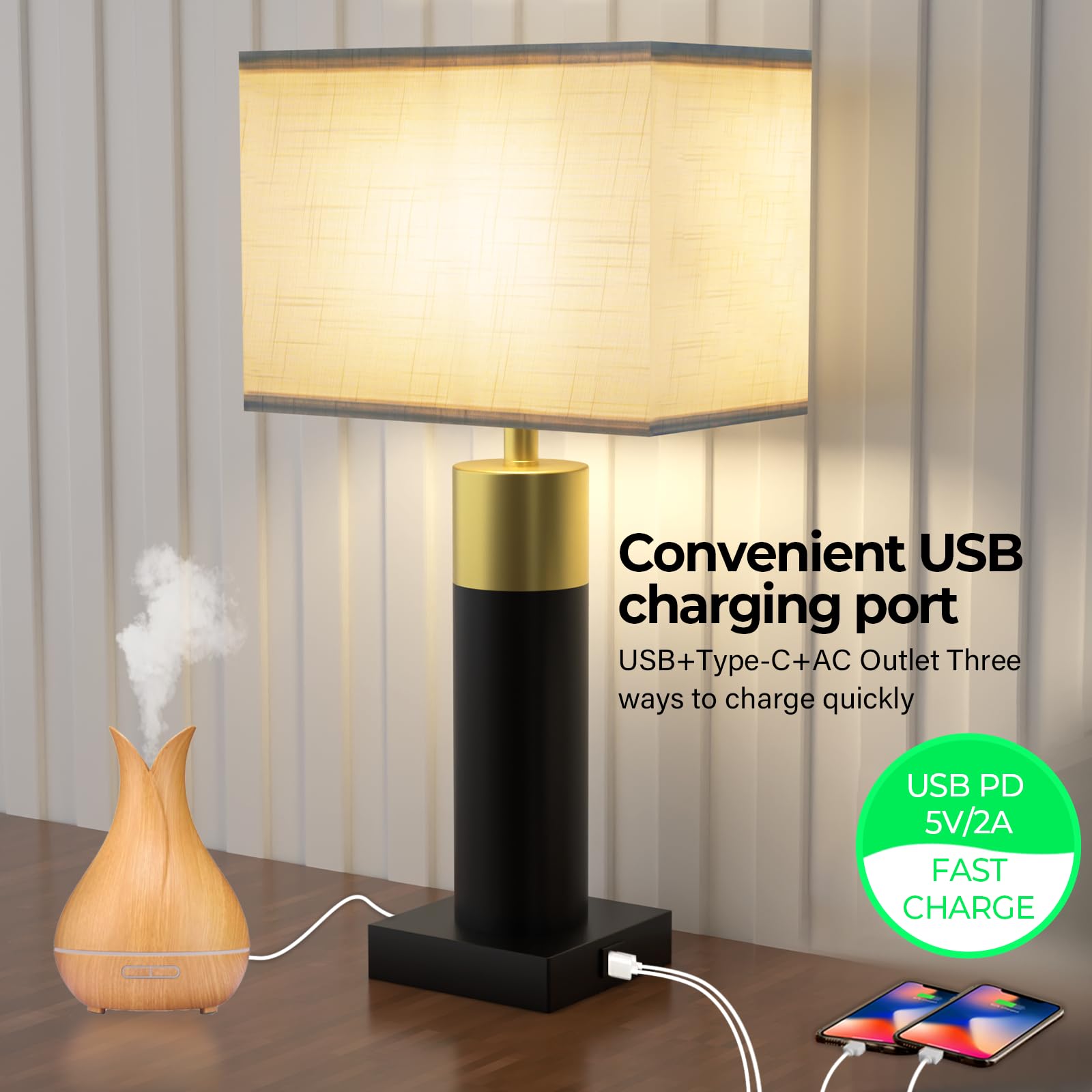 Oyedis Touch Table Lamp For Bedroom 3 Way Dimmable 22''Bedside Lamp With Usb A+C Nightstand Lamp For Living Room Office And Hotel Bulb Included