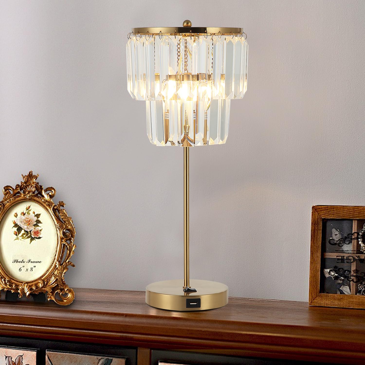 Doraloko Bedside Lamp For Bedroom, Gold Crystal Table Lamp 18 Inches, Tiffany Clear Crystal Drops, Usb Charging Port, E12 Socket, 6W Led Bulb Included, Golden Decorative Desk Light(1 Pack, Brass Finish)