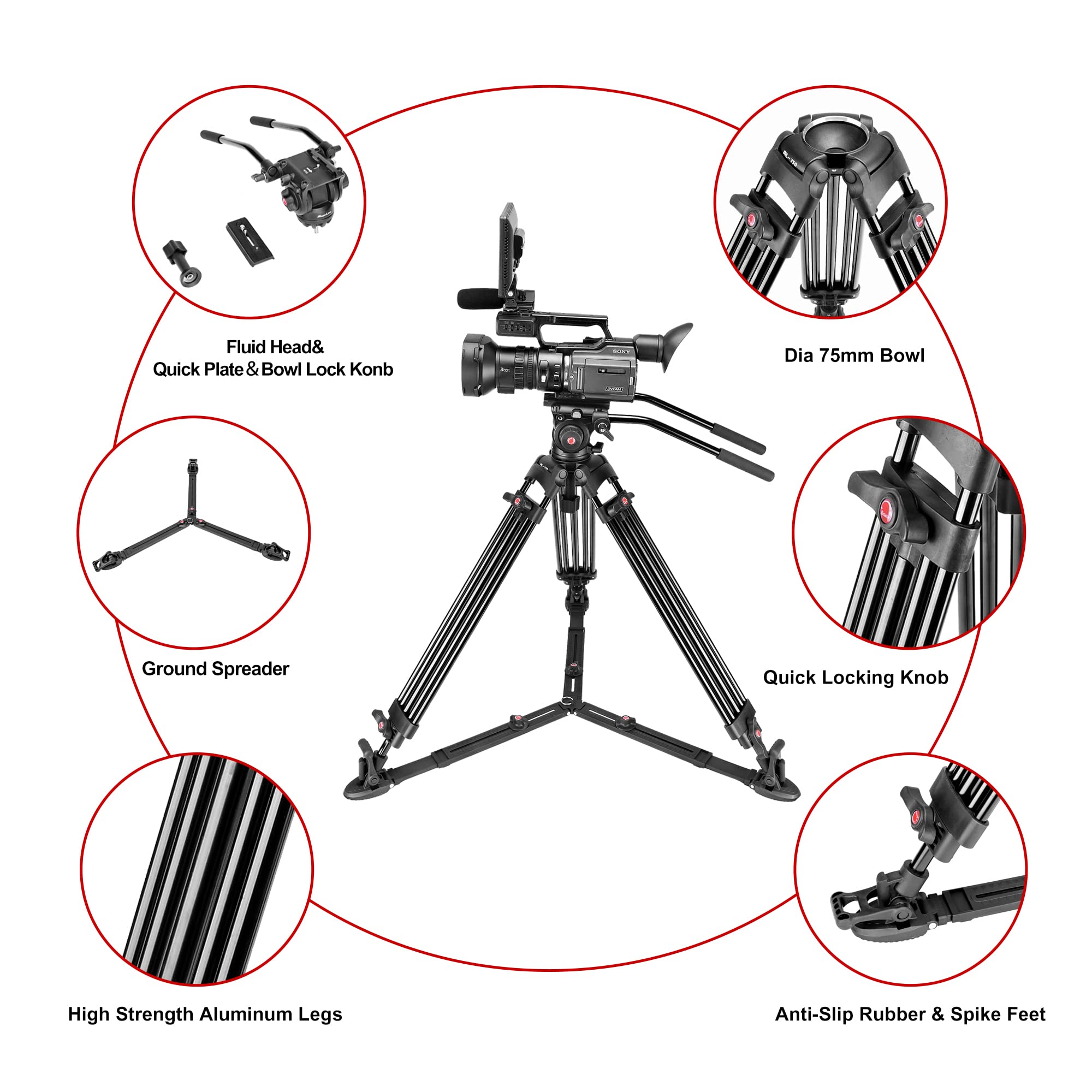 Magicline 68.7 Inch Heavy Duty Aluminum Video Camera Tripod With Fluid Head, 2 Pan Bar Handles, Adjustable Ground Spreader,Qr Plate, Max Load 26.5 Lb For Canon Nikon Sony Dslr Camcorder Cameras