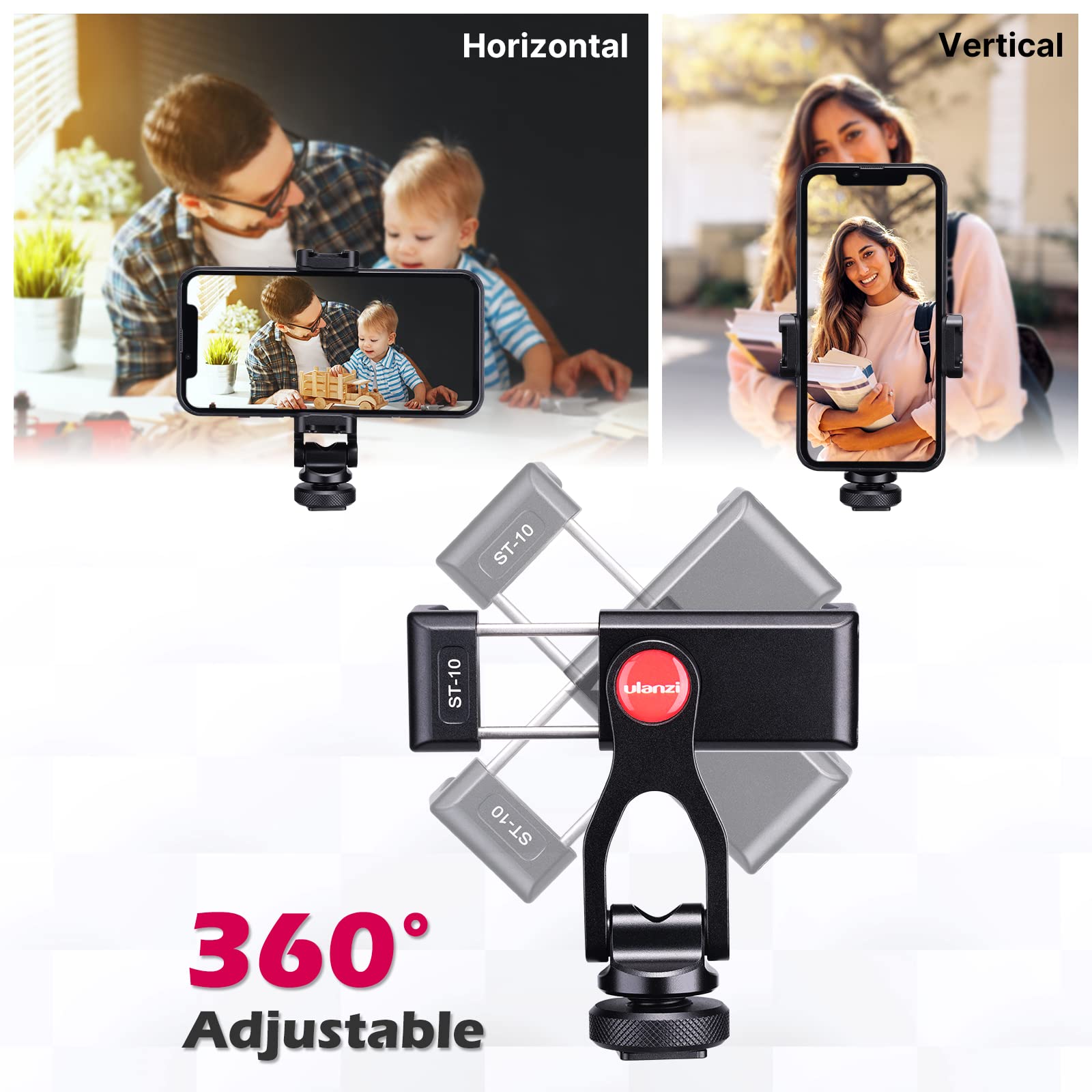 Ulanzi Metal Phone Tripod Mount St-10, Universal 360° Smartphone Adapter With 2 Cold Shoe Mount, Adjustable Cell Phone Clamp Stand Holder, Compatible With Iphone, Samsung Galaxy And All Phones