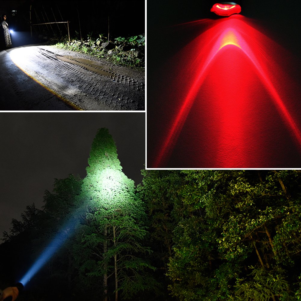 Maketheone M Red Green White Flashlight, 1000 Lumens Powerful Led Waterproof Adjustable Focus Tactical Torch For Fishing, Hiking, Camping, Caving, Outdoor Activities