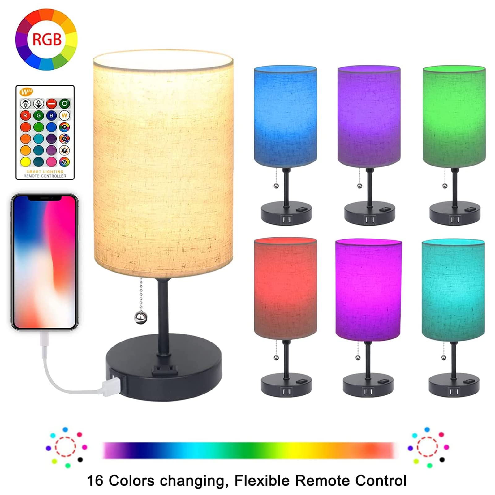 Kollniun Lamps For Bedrooms Nightstand Bedside Lamp With 2 Usb Port And Outlet, 3-Way Dimmable Table Lamps, Color Changing Night Stand Light Lamp Rgb Led Bulb