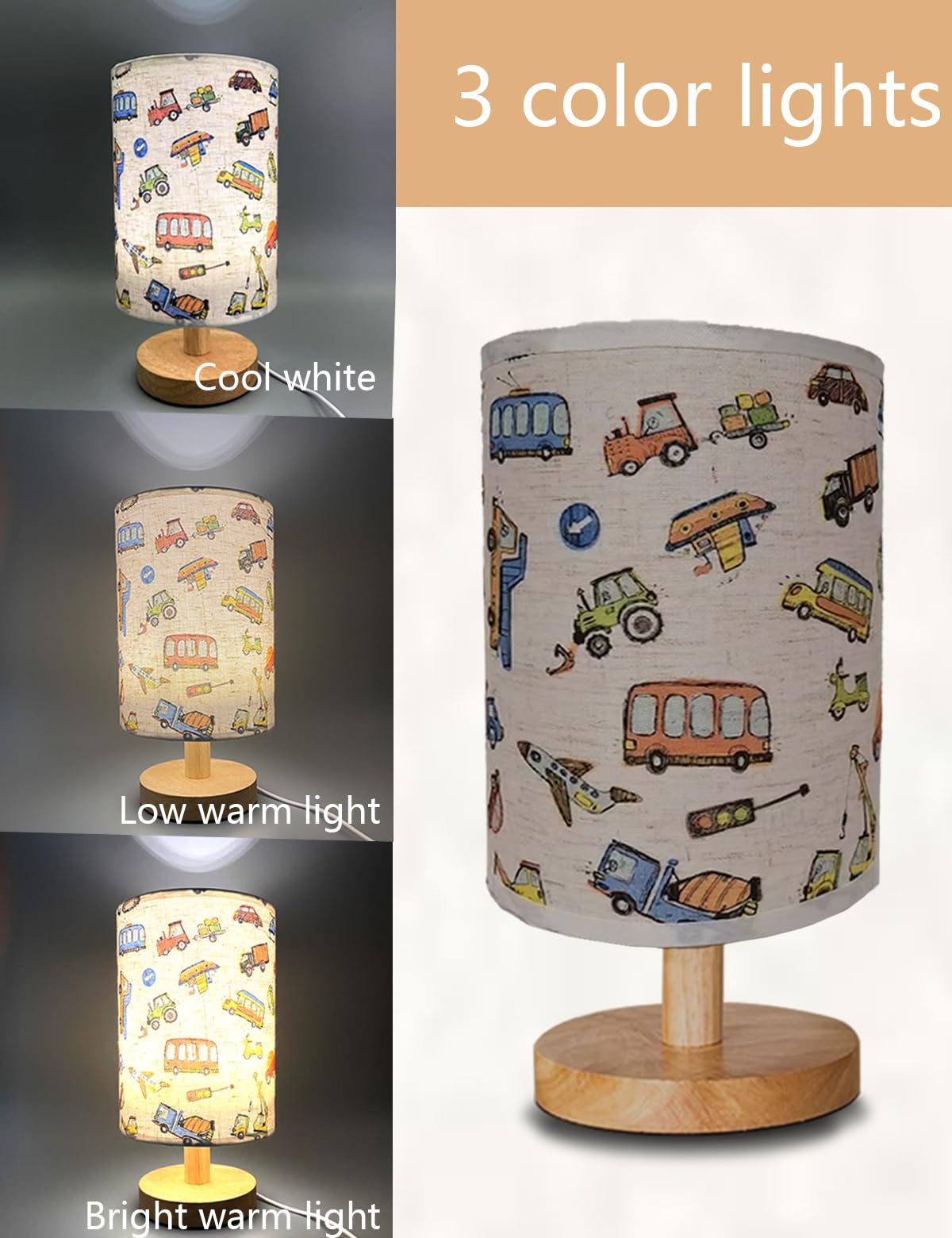 Gftdns Kids Lamps For Bedrooms Boys,Car Lamp,3 Level Dimmable Wood Nightstand Desk Base Flaxen Fabric Shade For Bedroom Living Room,Car For Boys