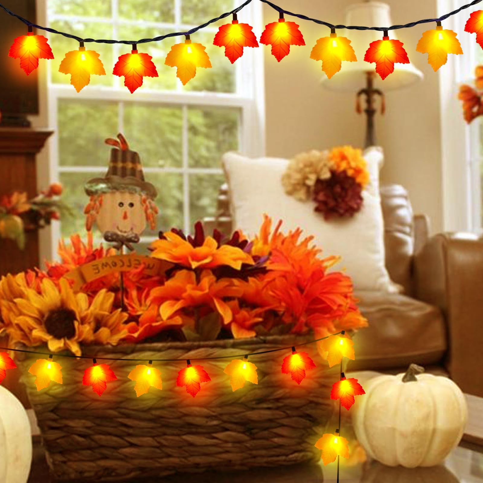 Abeja 8.5Ft Led Maple Leaf String Lights, Fall Decor Garland Lights With 10 Led Bulbs, Thanksgiving Decorating String Lights For Fall, Wedding, Christmas, Thanksgiving, Birthday Decoration