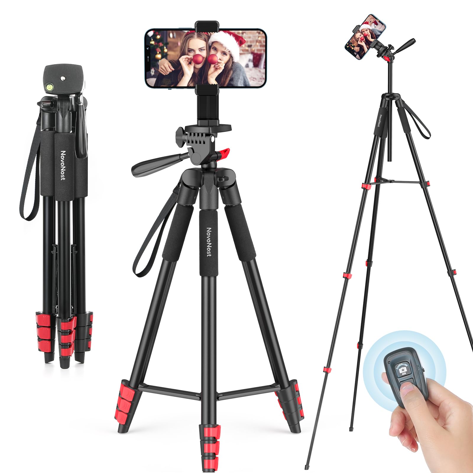 Novonost 65" Phone Tripod Stand, Tripod For Iphone & Camera With Wireless Remote & Cellphone Holder For Video Recording/Selfies/Live Stream/Vlogging (Included Carry Bag)