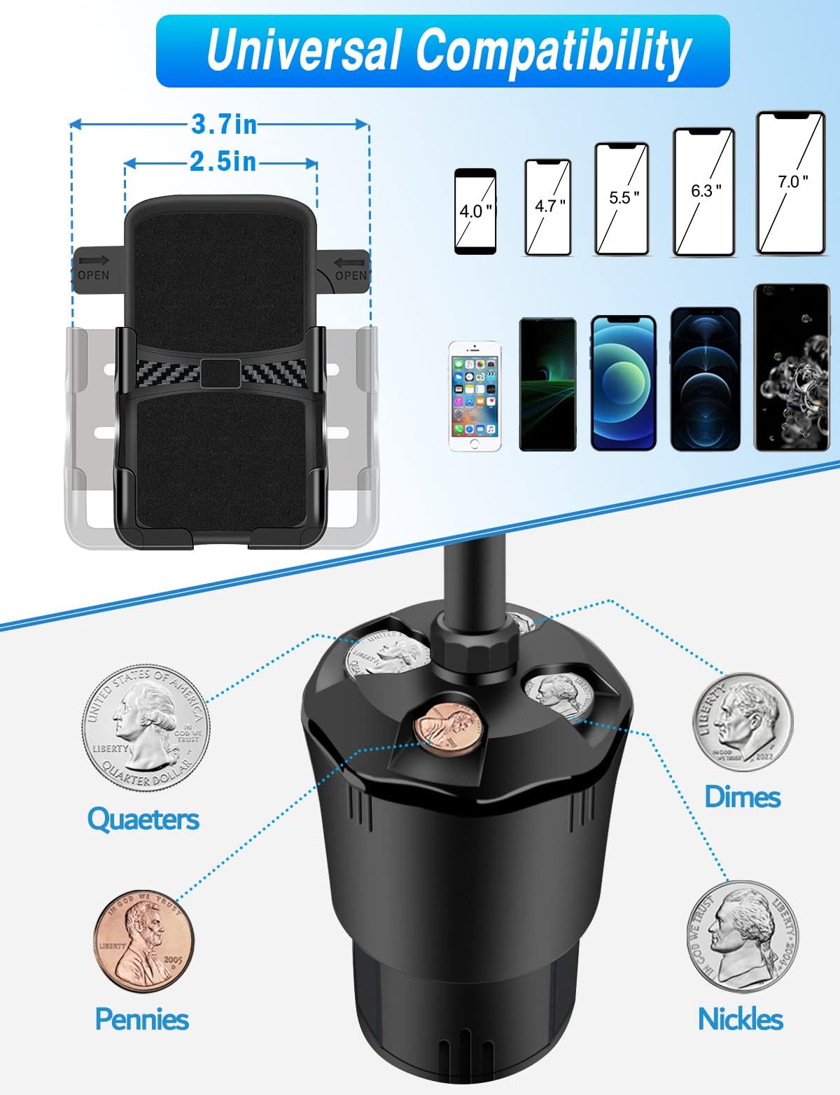 Aoisva Car Cup Holder Phone Mount, Multifunctional Car Cell Phone Holder Coin Holder, Long Arm With 360 Degree Rotation, Compatible Iphone, Samsung & All Smartphones