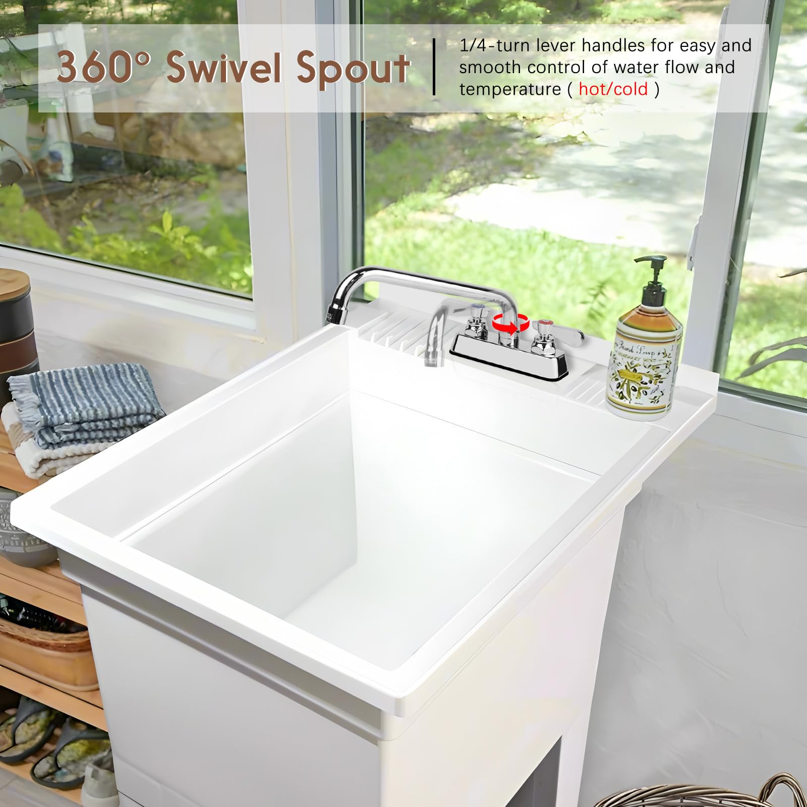 Zkdausdo Commercial Bar Sink Faucet 12" Swivel Spout, Utility Laundry Sink Faucet 4" Center Deck Mount With Ceramic Valve, Leak- Brass Constructed For Large Sink In Kitchen, Laundry Room, Garage