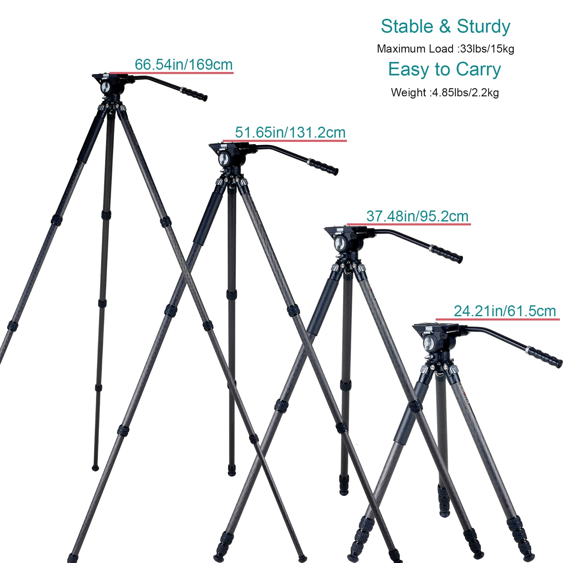 Dmiditir Carbon Fiber Metal Video Tripod With Metal Fluid Head - Heavy Duty, Loads Up To 33 Pounds, Suitable For Travel And Work (Black)