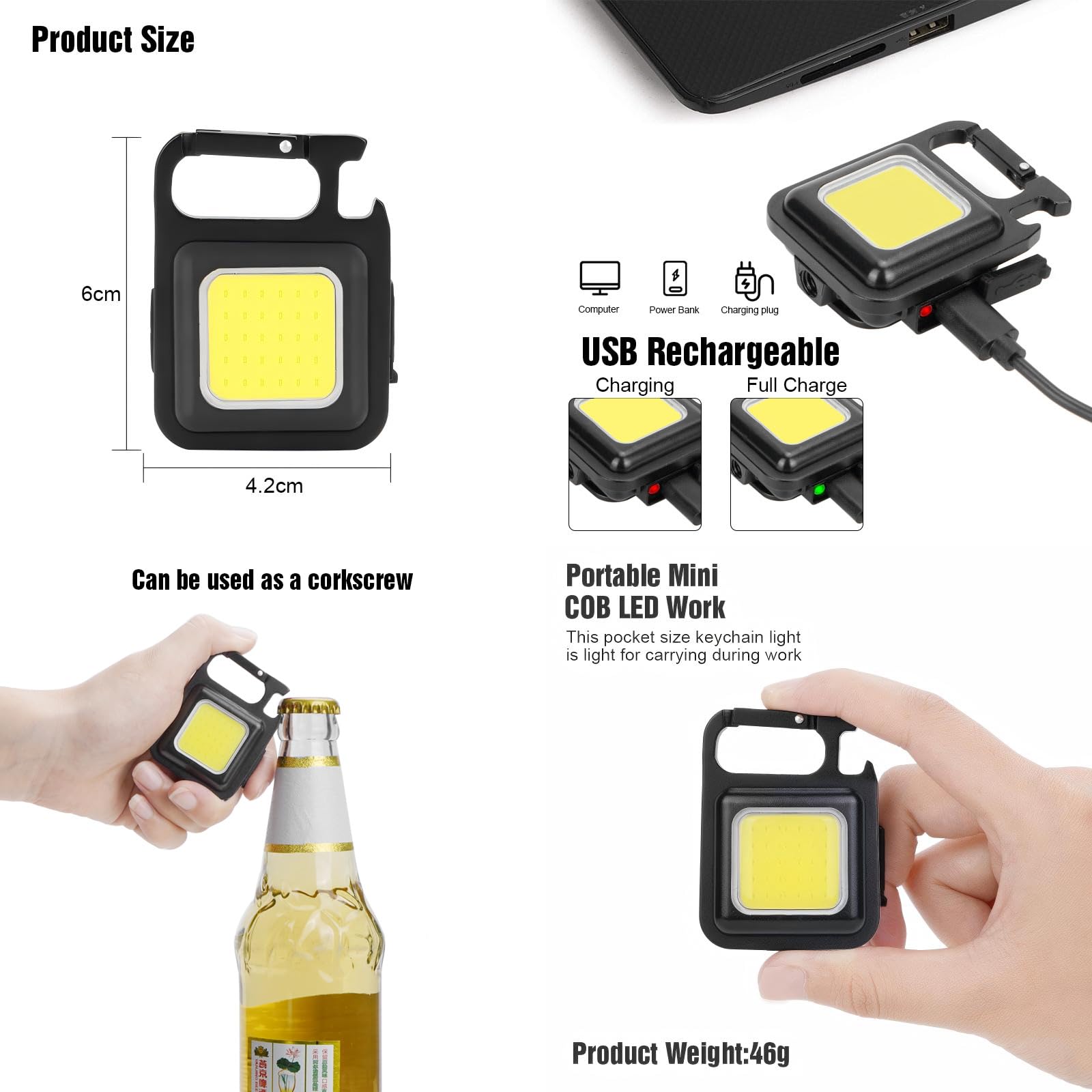Ffkqbh Led Flashlight Cob Keychain Work Light, Triple Light Flashlight With 3 Modes, Edc Purse Light, Rechargeable Flashlights For Home, Camping, Walking (2)