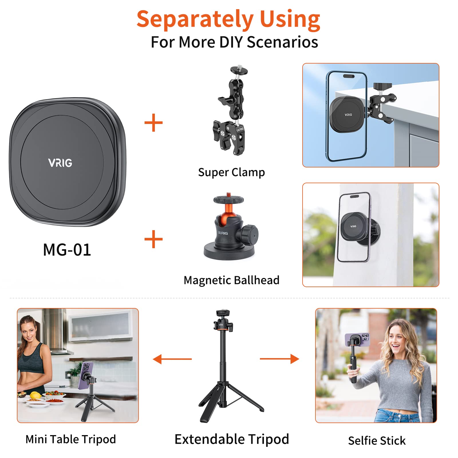 Vrig Express Magnetic Tripod, 21.6" Extendable + 1/4" Mount + Ring, Cell Phone Stand For Iphone 14, 13, 12 & All Phones & Cases