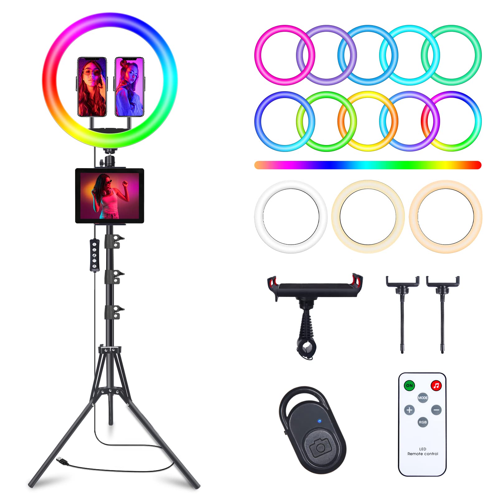 Herrfilk 12" Selfie Ring Light With 75" Tripod Stand & 2 Phone Holder, Led Camera Ringlight With 48 Rgb Colors Modes & Musical Rhythm Mode And 12 Brightness Dimmable For Tiktok/Makeup/Photography/Vlog