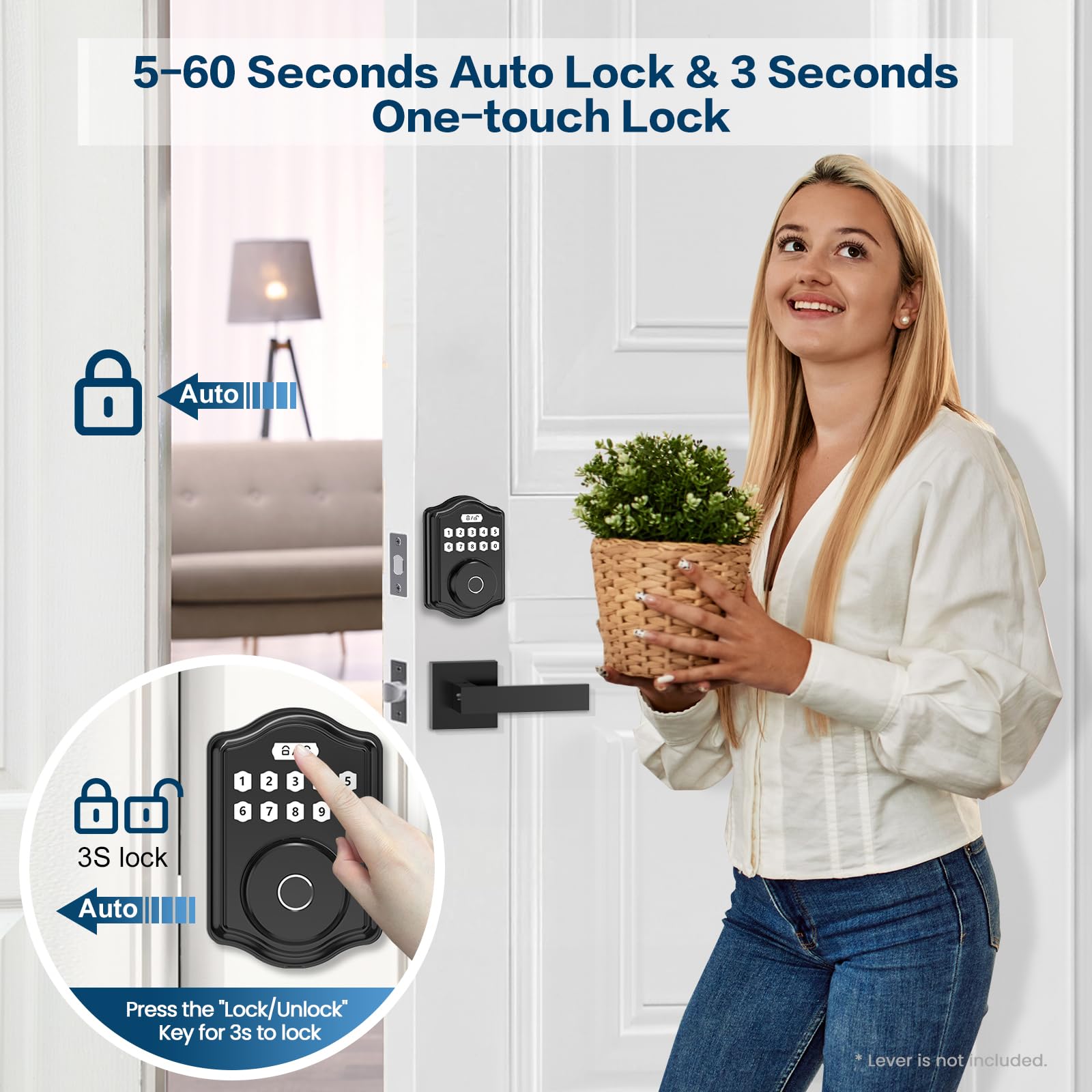 52Hz Fingerprint Door Lock, Keyless Entry Door Lock With Code, Voice Guidance Electronic Keypad Deadbolt Smart Locks For Front Door, Anti-Peeping Password, Auto Lock, Easy To Install, Black