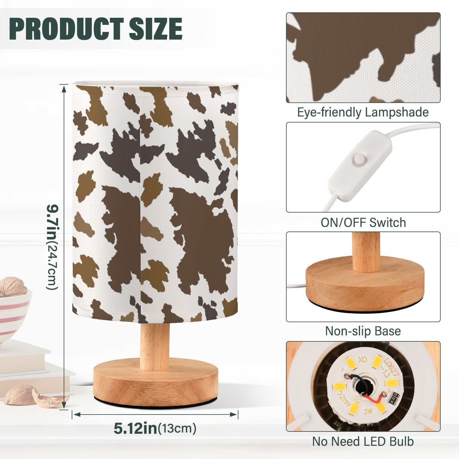 Oarencol Bedside Table Lamp Cow Print Nightstand Lamp With Wood Brown Animals Skin Desk Lamps For Bedroom Living Room Nursery Office Home Decor