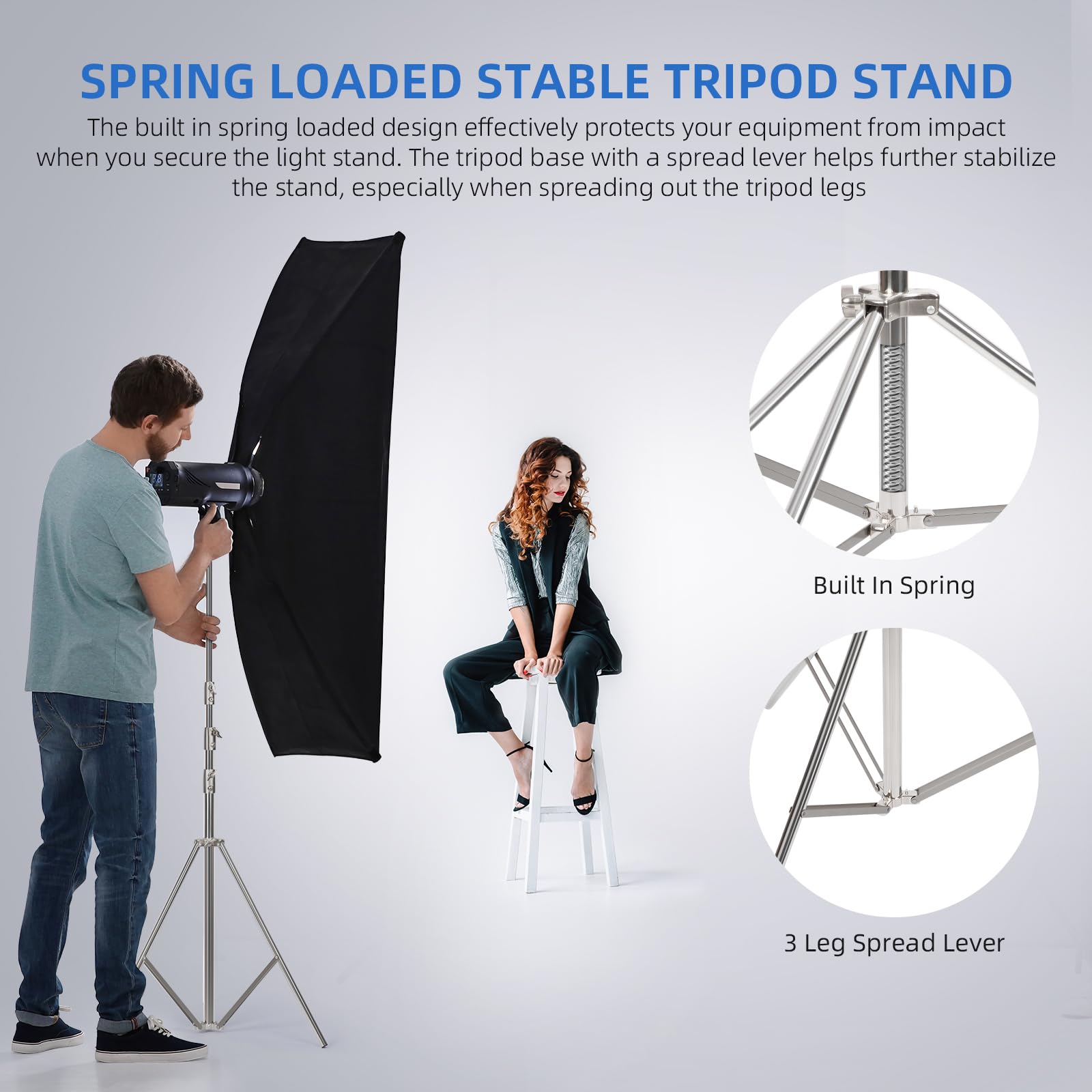 Gltire Stainless Steel Photography Light Stand 13Ft / 4M, Spring Cushioned Heavy Duty Tripod Stand With 1/4”To 3/8”Screw Adapter For Strobe, Led Video Light, Ring Light, Monolight, Softbox
