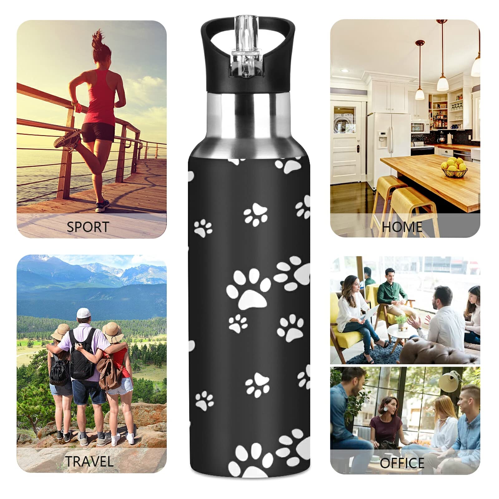 Auuxva Sports Water Bottles Dog Paw Print Black White Vacuum Insulated Stainless Steel Water Bottle