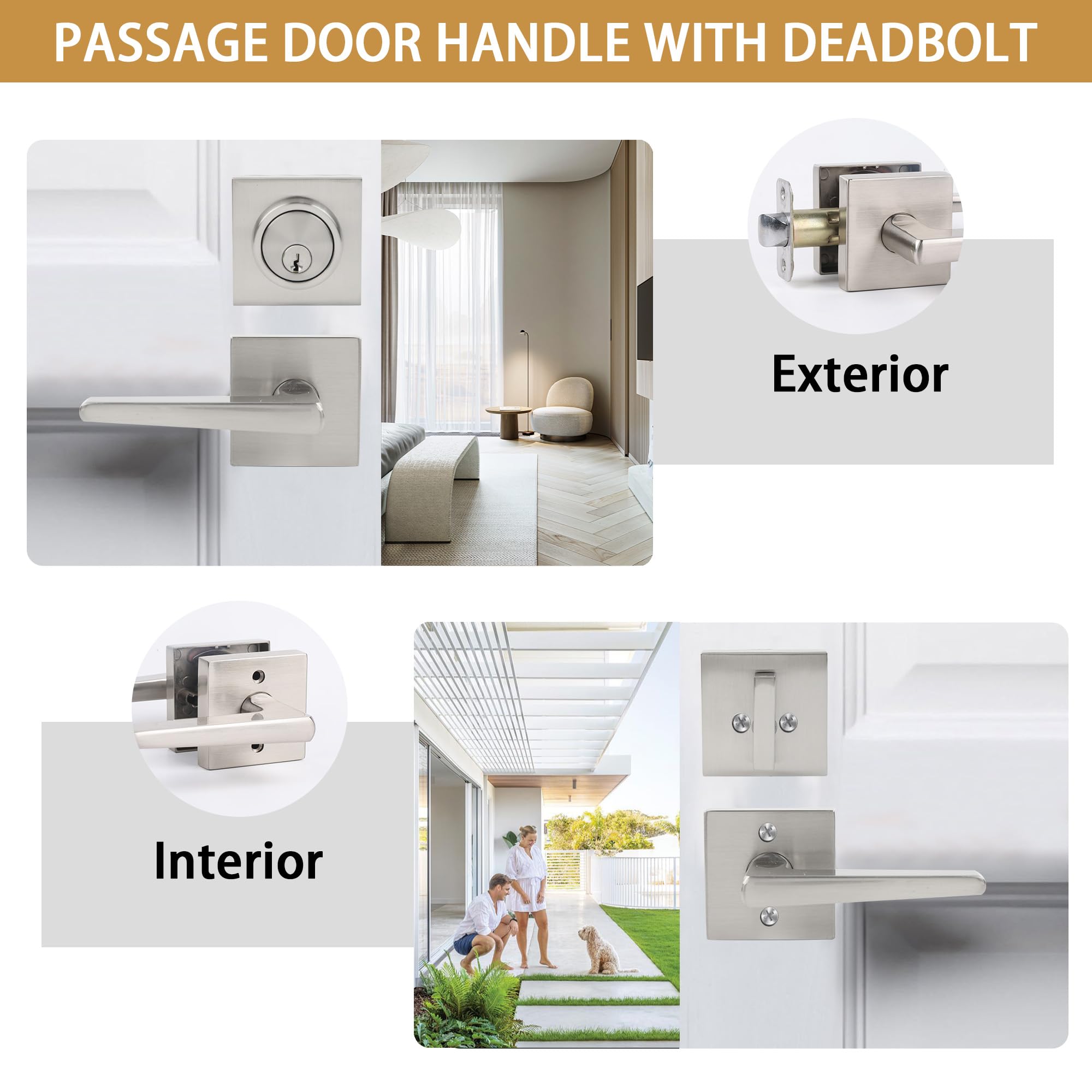 Jesstti Deadbolt Lock And Door Knob Set, Exterior Door Lock Set With Deadbolt, Square Dead Bolt Locks For Exterior Doors, Heavy Duty Entry Door Lever With Single Cylinder Deadbolt, (Satin Nickel 3Pack)