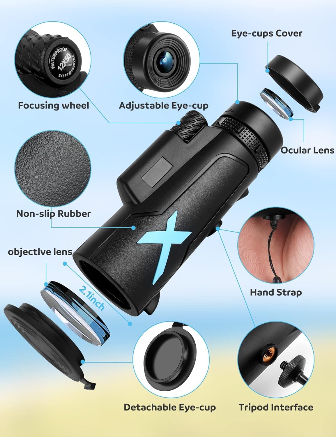 Bszykzdxi 12X50 High-Power Monocular Telescope With Smartphone Tripod, Portable Bag - Ideal For Bird Watching, Hunting, Hiking, Camping - Large Vision With Bak4 Prism And Fmc Lens Technology