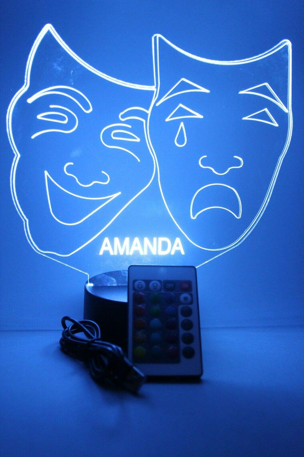 Mirror Mania Comedy Tragedy Theater Masks Light Up Night Light Lamp Led Engraved Custom Name Personalized Table Lamp, With Remote, 16 Different Color Options, Dimmer, It'S Wow, Great