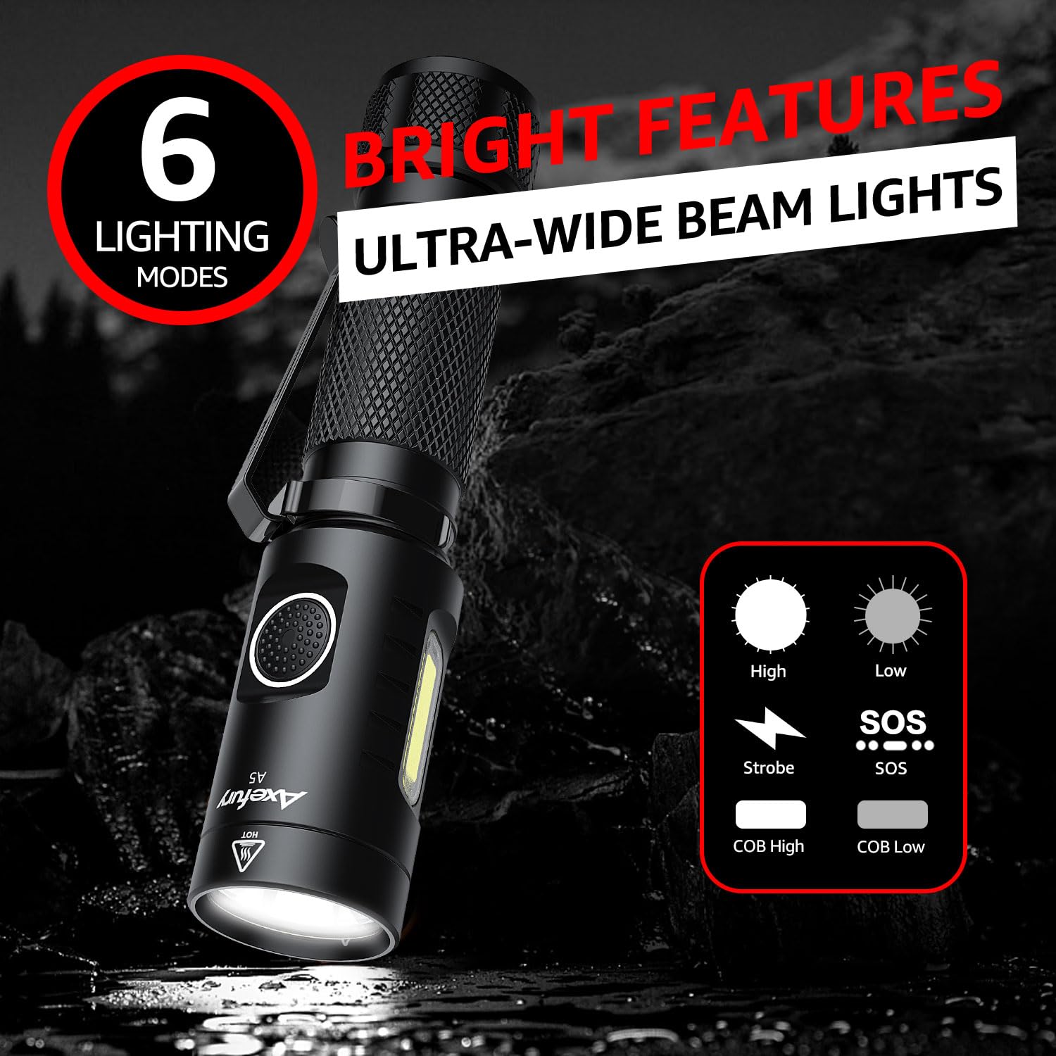 Axefury A5 Flashlight,Edc Flashlight With Magnet, 2Pack Mini Tactical Flashlight,Dual Fuel Max 700 High Lumens,6 Modes,Cob Worklight For Camping, Emergency(Not Included Battery)