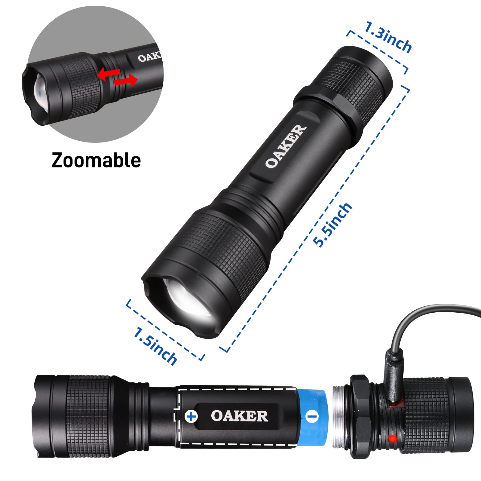 Oaker Xf2013 Usb-C Rechargeable Flashlight 2000 Lumens,5 Light Modes Led Flashlight, Waterproof Hand Light For Hiking Camping