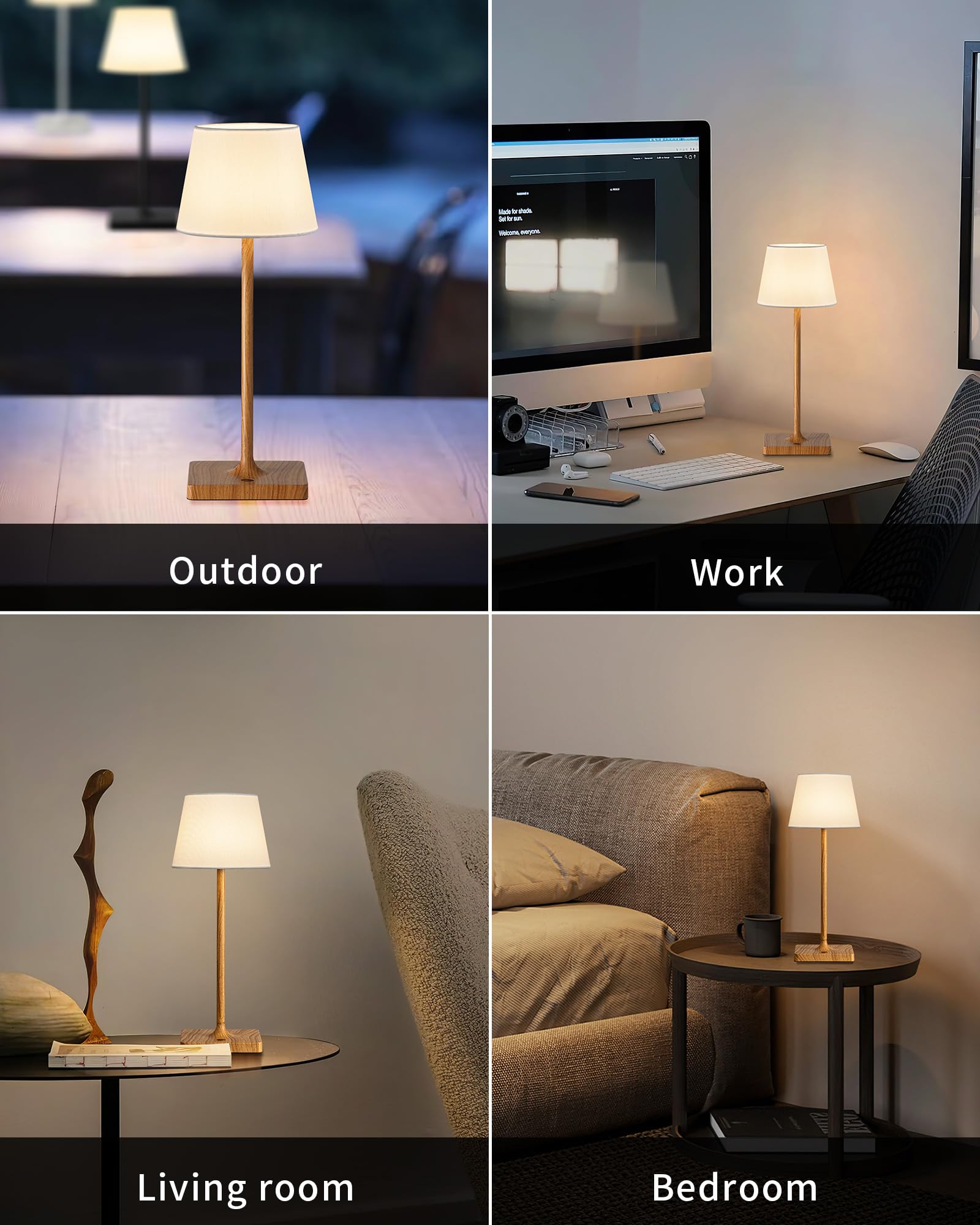 Newsee Cordless Touch Table Lamp Set Of 2, 4000Mah Rechargeable Battery Powered Dimmable Led Desk Lamps Fabric Lampshde, Baby Night Light For Restaurant, Dinning, Bedroom (Wood Grain 14.5")