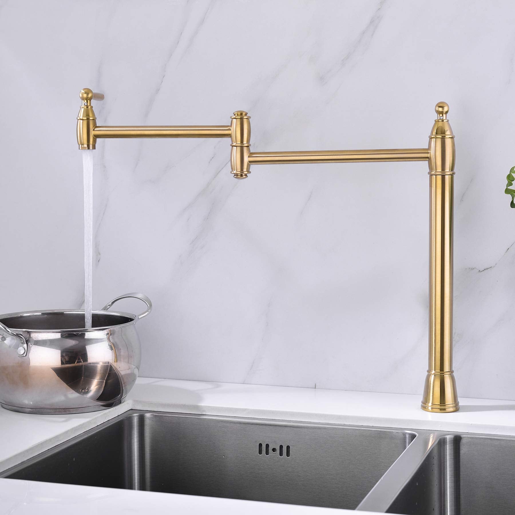 Avola Gold Pot Filler Deck Mount, Brushed Gold Pot Filler Faucet,Double Swing Kitchen Folding Countertop Faucet 2 Handle With Stretchable Double Joint Swing Arms Brass Stove Faucet
