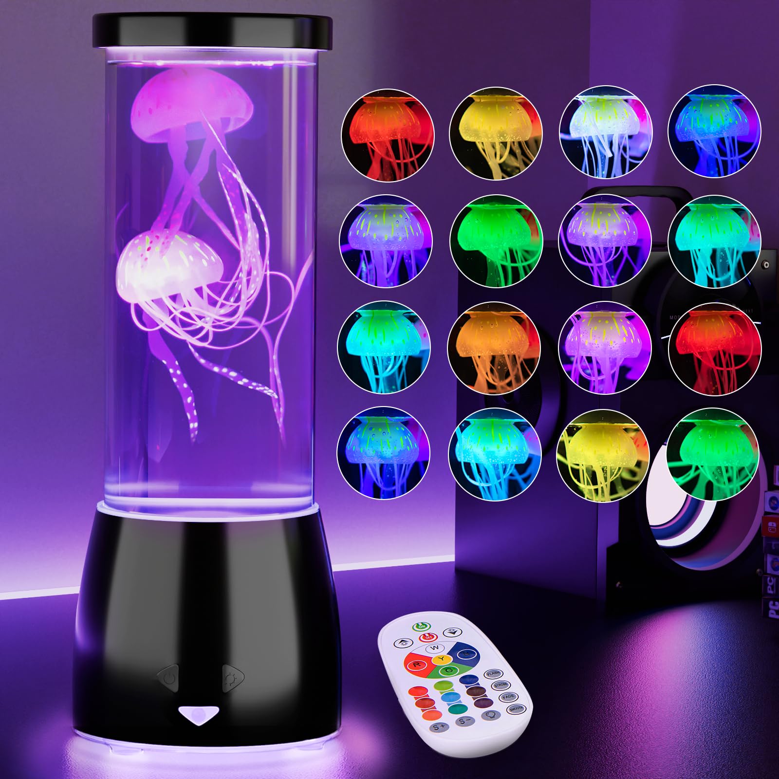 Roshwey Jellyfish Lamp Aquarium - 16 Color Large Jelly Fish Tank Light Christmas For Kids Adults, Table Lamp With Remote Control Bedroom Decor Led Night Light For Birthday Children'S Day (Black)