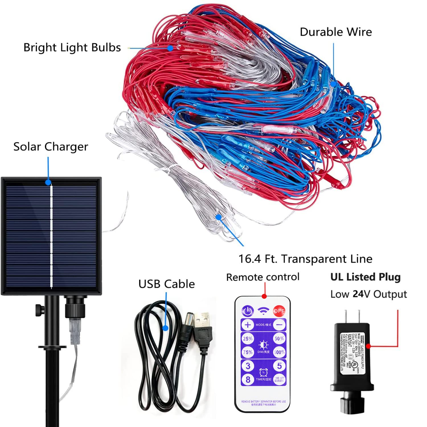 Cerflyer American Flag Lights, 2-In-1 Plug-In&Outdoor Solar String Light With 420 Led Flag Net Lights Of The United States, Waterproof Patriotic Light For Christmas, Independence Day, Party, 4Th Of July