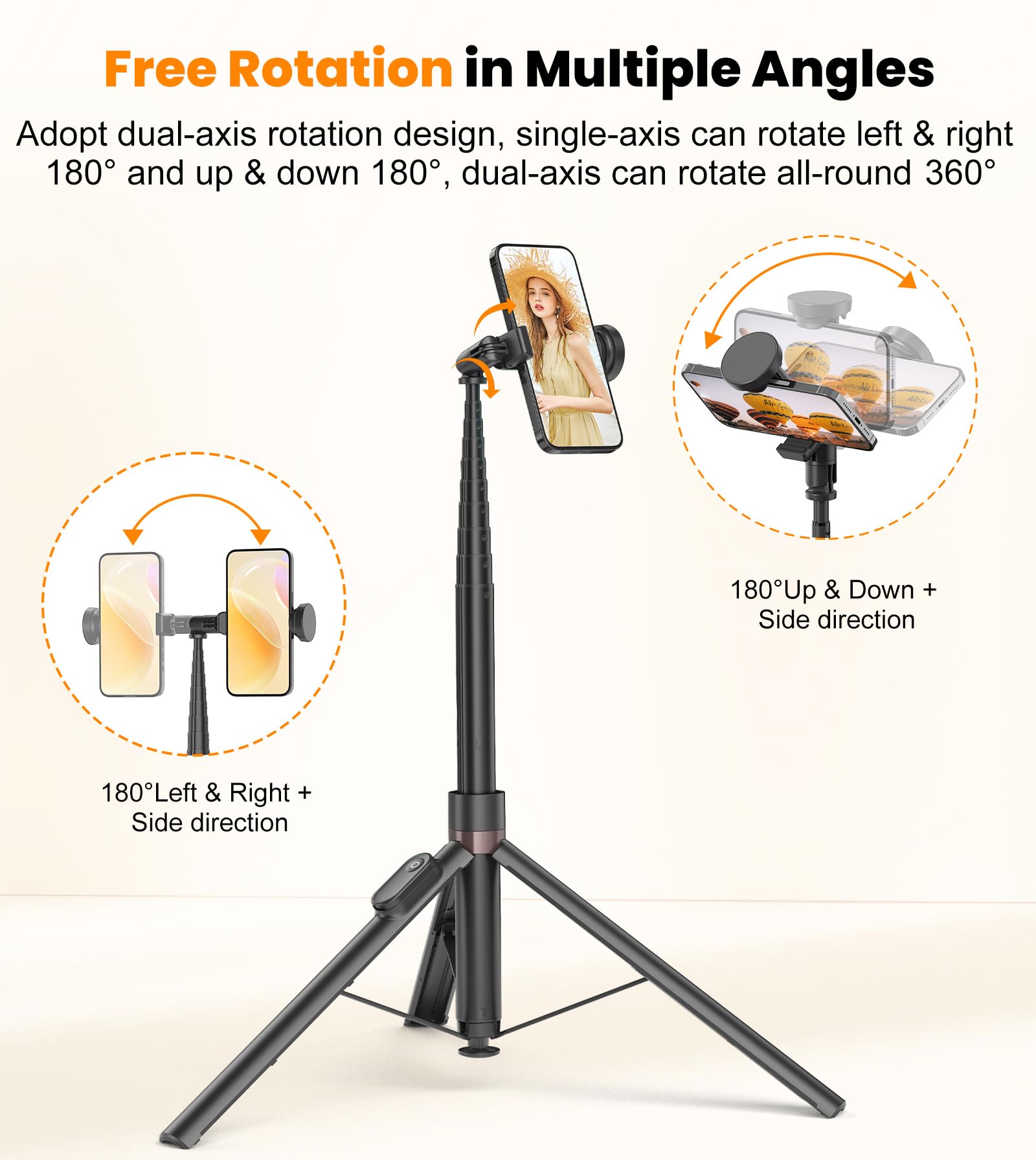 Toneof 66" Automatic Tripod,Auto-Open Phone Tripod Stand With Magnetic Rechargable Remote,Selfie Stick Tripod 360° Vertical & Horizontal Rotatable,Stable Travel Tripod For Iphone/Android(Black)