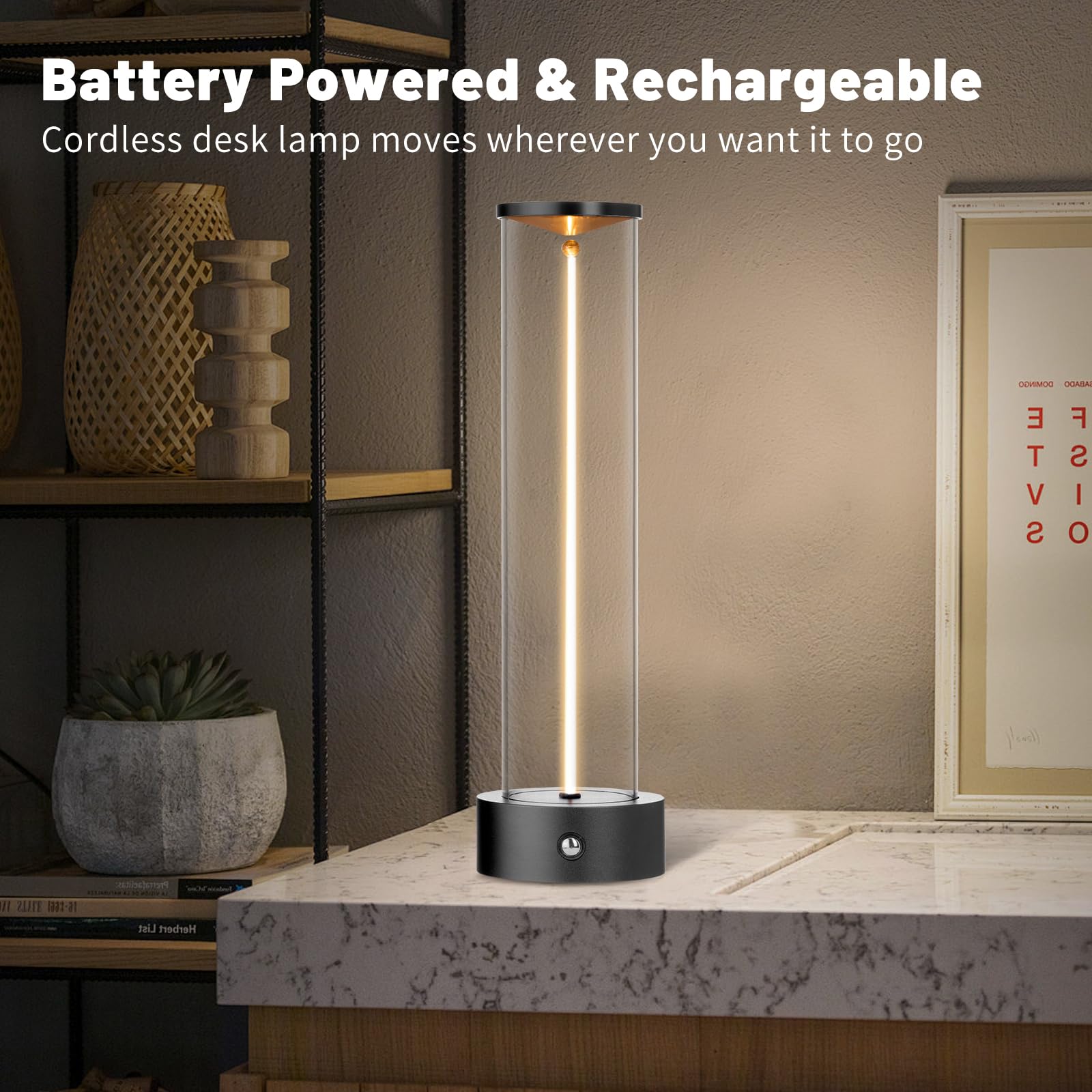 Yyxgoob Cordless Portable Led Table Lamp， Rechargeable Battery Operated Desk Lamp With Touch Sensor, Three-Level Dimmable Suitable For Bars/Cafes/Restaurants/Bedrooms/Camping Site (Black)