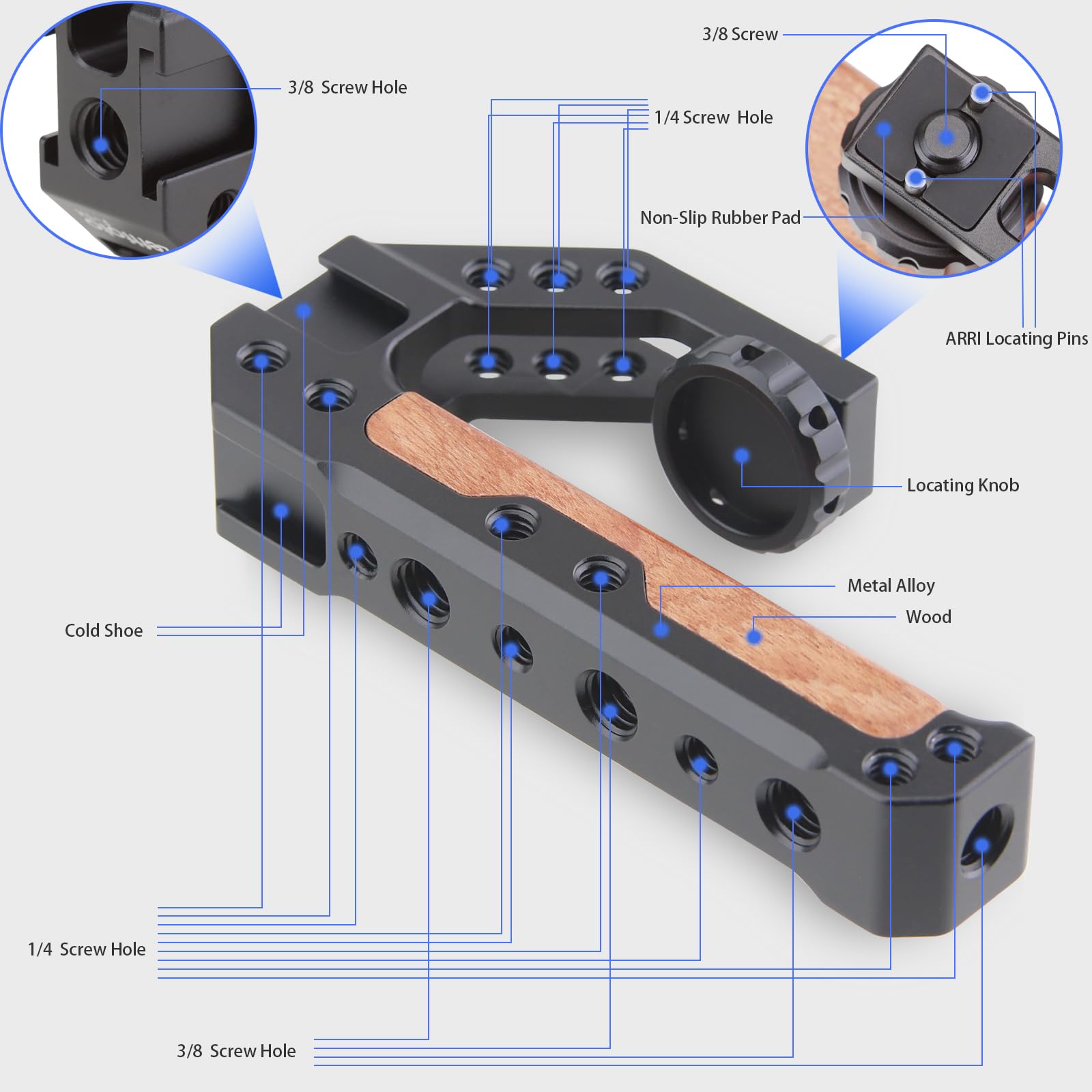 Leftfoto Top Handle Quick Release Handgrip For Camera Cage Rig With 3/8" Arri Locating Pins, Anti-Off Designed,Wood & Metal Grip