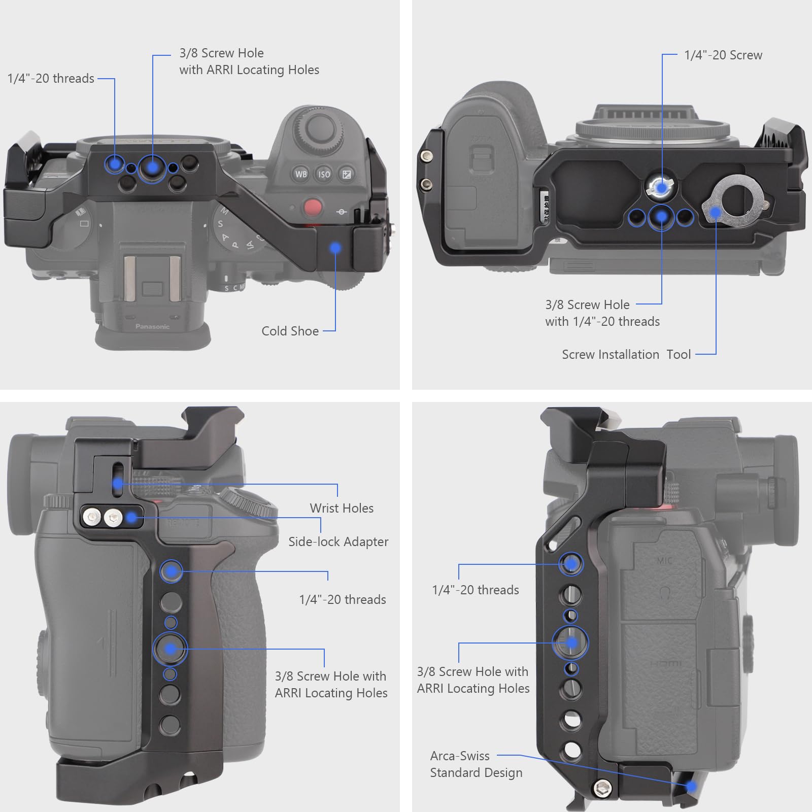 Leftfoto S5Ii Camera Cage For Panasonic Lumix S5 Ii / S5 Iix - Camera Protection Frame Rig With Arca Base,Nato Rail,Arri Threads Compatibility With Dji Rs2 Stabilizer- For Vlog Video Shooting