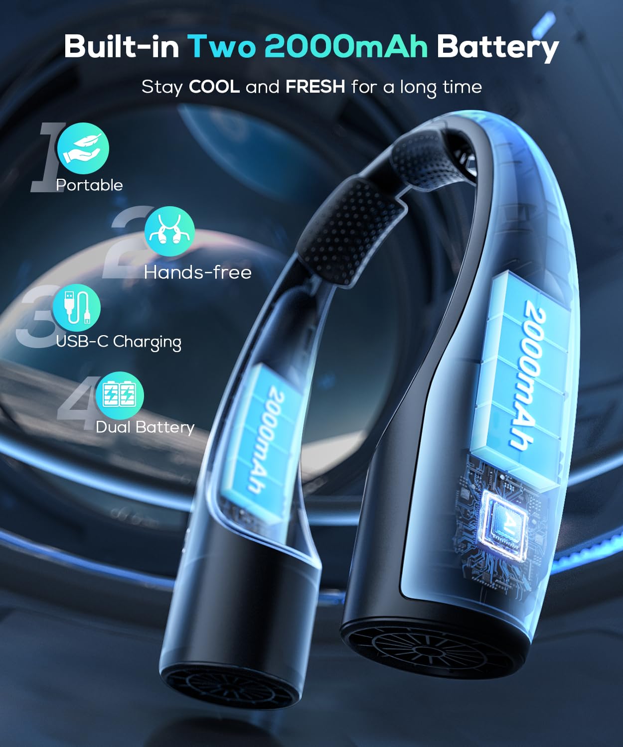 Portable Neck Fan 2 Pack, Hands-Free Wearable Personal Fan, 360° Cooling, 4 Speeds, 8000 Mah Battery