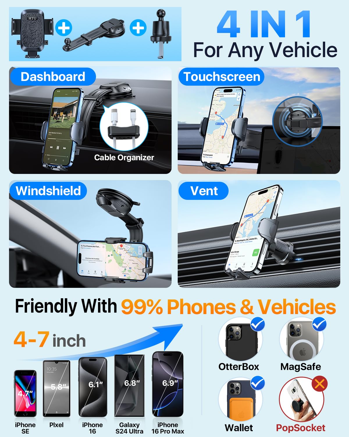 Htu  Strongest Suction Car Phone Holder Bendable Arm, Never Block View Rotatable Cellphone Mount For Dashboard Windshield Vent, Cradle Stand For Iphone 16 15 14 13 12 Pro Max (Black)