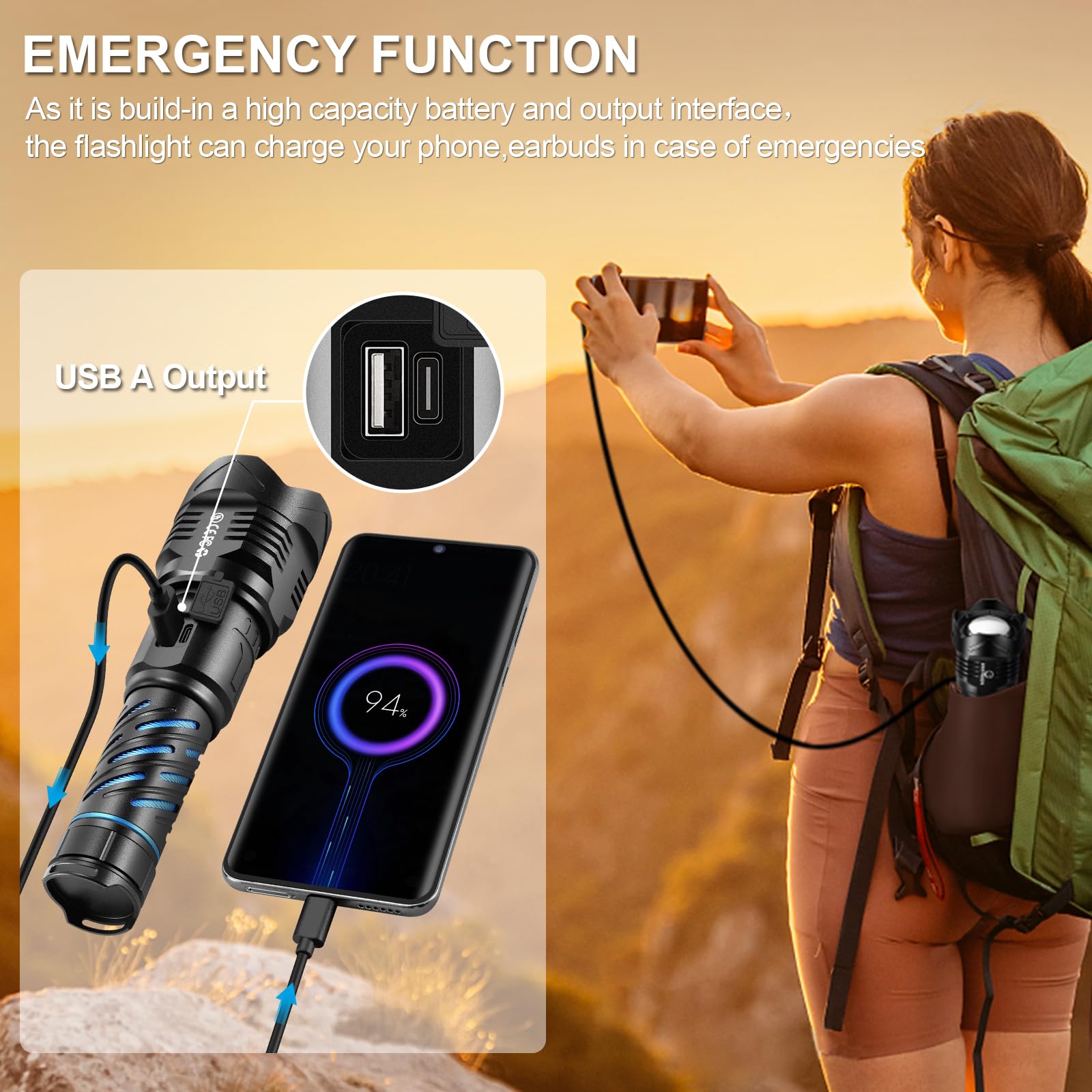 Esgreen Super Bright Rechargeable Flashlights High Brightness 1000000 Lumens, Powerful Long Range 5000 Ft Led Strong Big Flash Lights, Long Lasting Usb C, Lcd Digital Display, 5 Modes, Double Switches