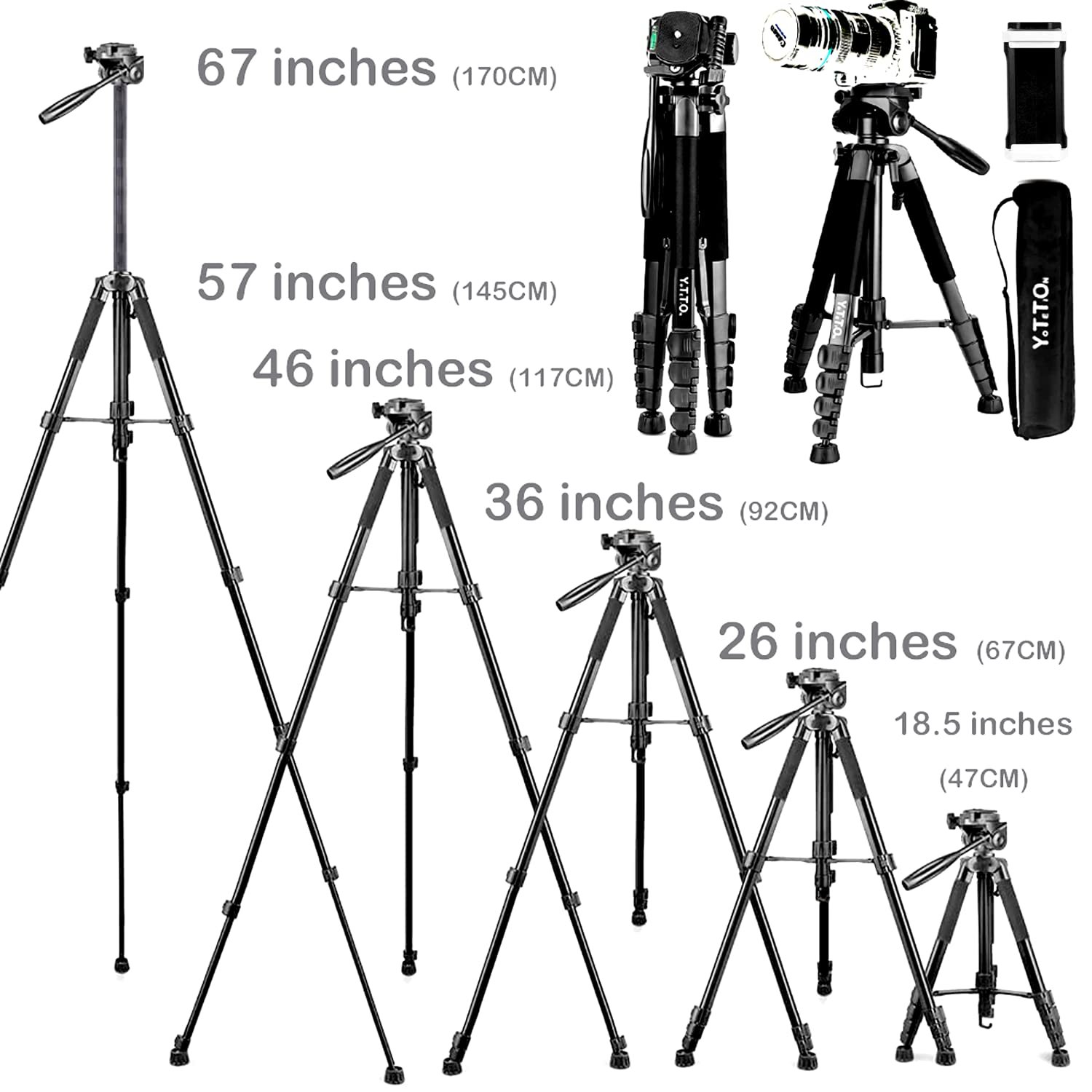 Yotetion 67" Aluminum Phone & Camera Tripod, Extendable Cell Phone Tripod Stand Compatible With Iphone/Android/Action Camera Is Perfect For Live Streaming/Video Recording/Selfies