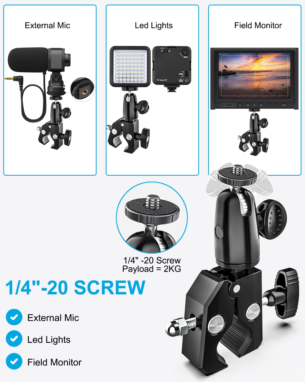 Woleyi Large Tablet Mount Holder With 1/4" Screw Thread For Spin Bike, Treadmill, Microphone Stand, Tripod Adapter, Exercise Bicycle, Handlebar, For Ipad Pro 13 Air & 9.5-14.5" Tablet, Gopro, Camera